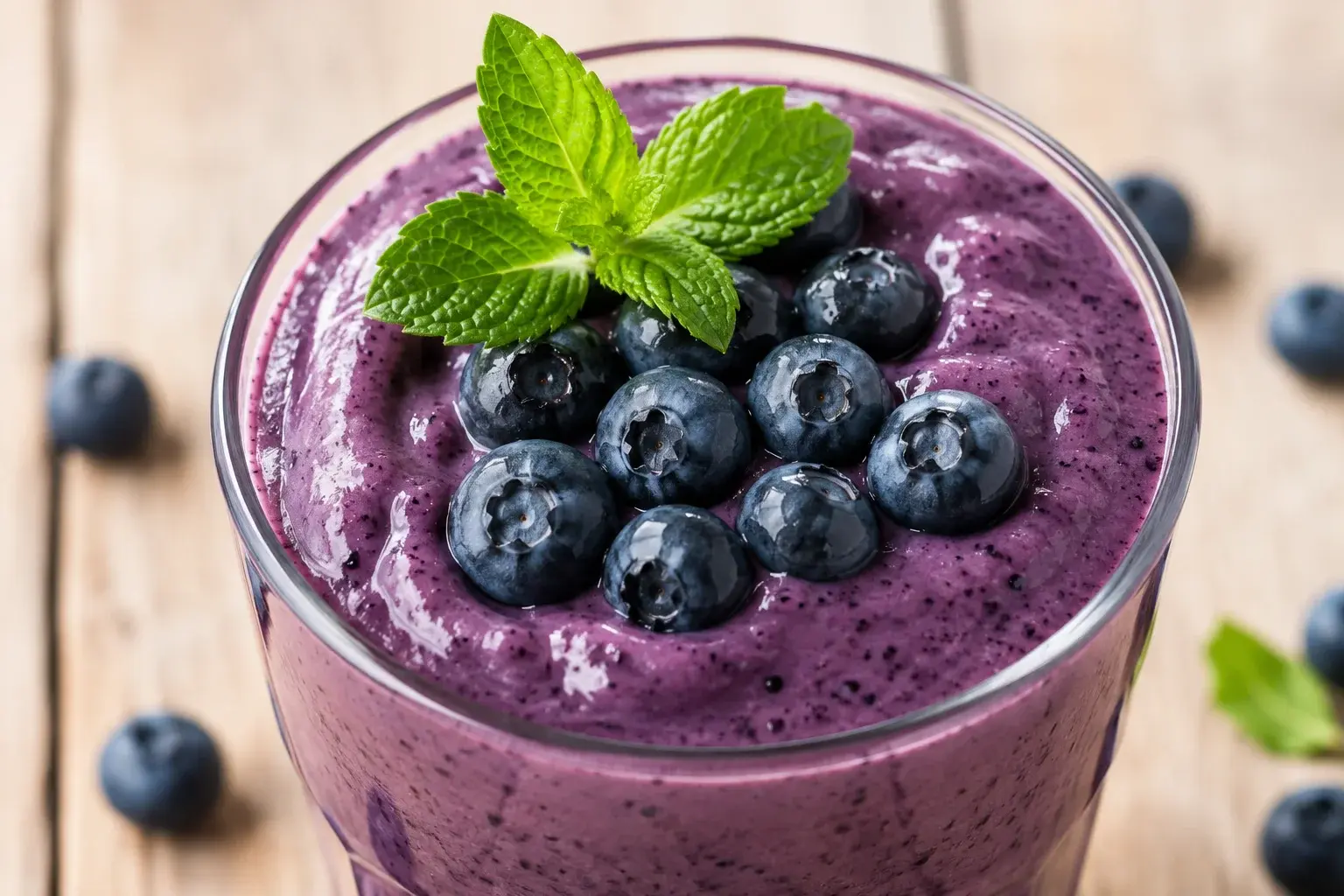 Gros plan sur un smoothie violet épais et onctueux dans un verre transparent, myrtilles entières brillantes et menthe en décoration sur le dessus