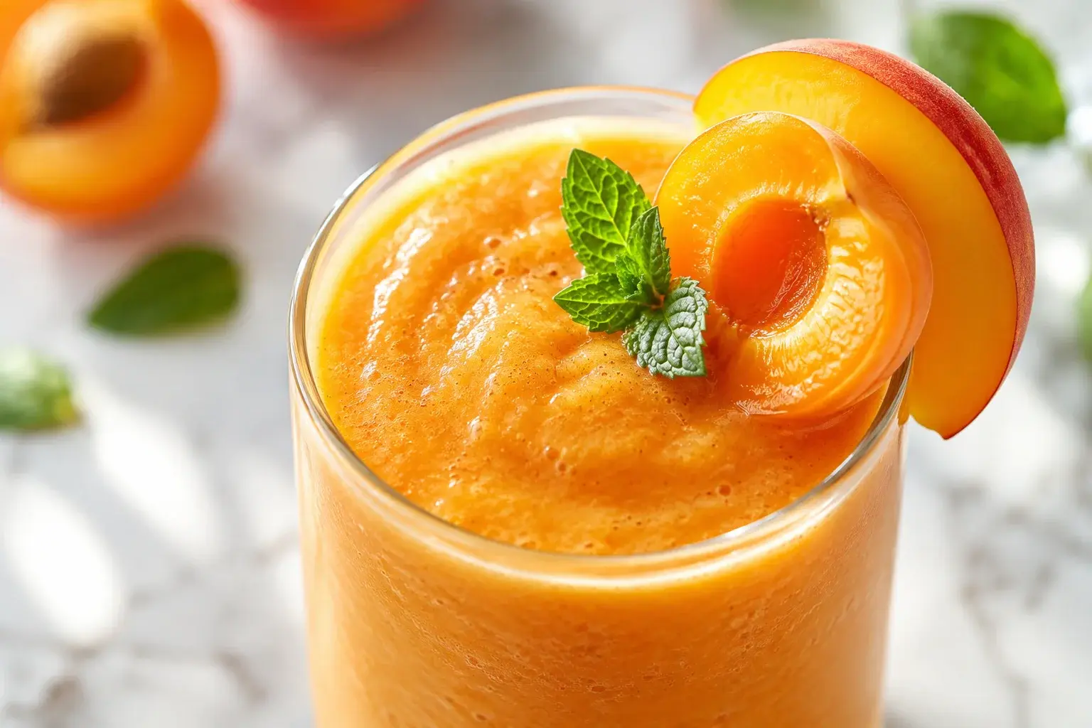 Gros plan sur un smoothie orangé chaleureux dans un verre transparent, demi-abricot brillant et lamelle de pêche en décoration sur le bord