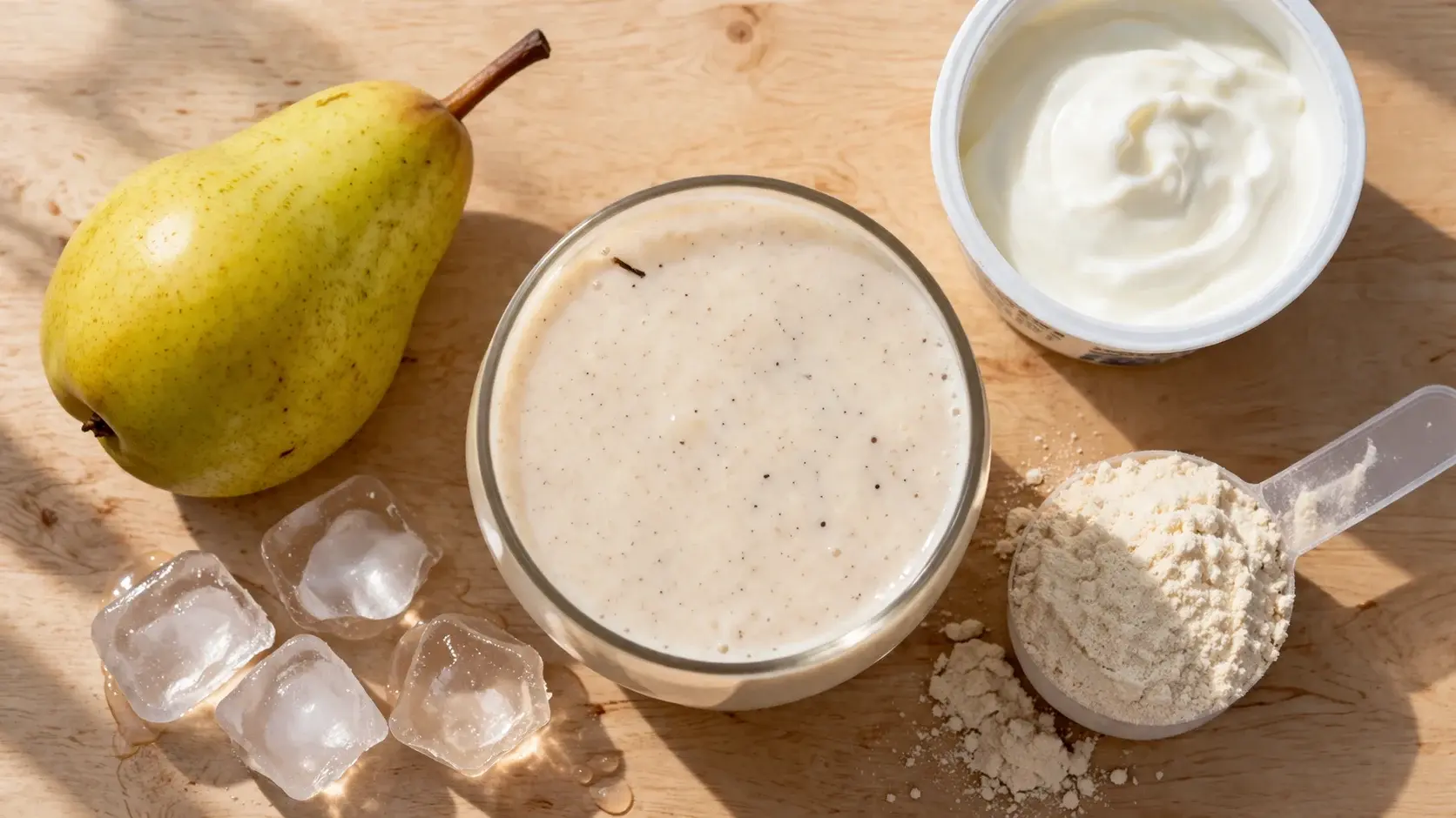 Vue de dessus du smoothie poire-vanille protéiné avec les ingrédients disposés autour du verre sur une planche en bois clair