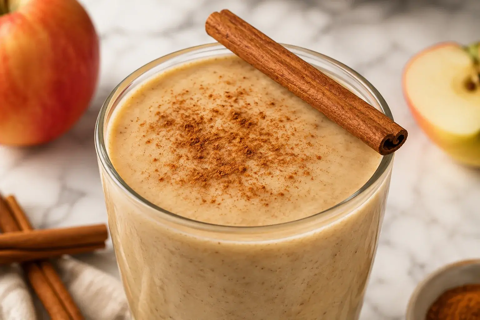 Gros plan sur un smoothie pomme-cannelle beige onctueux dans un verre transparent, cannelle moulue saupoudrée sur le dessus et bâton de cannelle en décoration