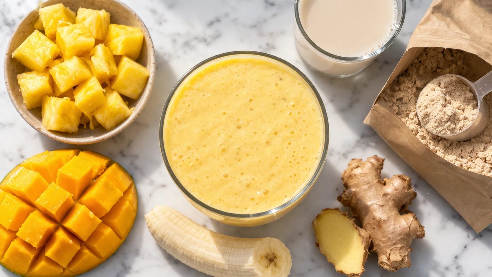 Vue de dessus du smoothie tropical protéiné avec ananas, mangue, banane et poudre de protéines disposés autour du verre sur fond en marbre blanc