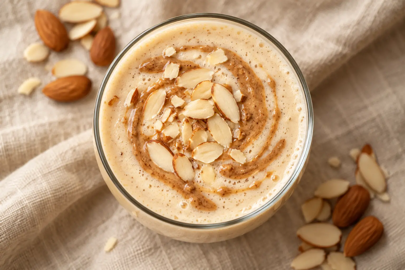 Smoothie vanille-amande vu du dessus avec beurre d'amande et graines