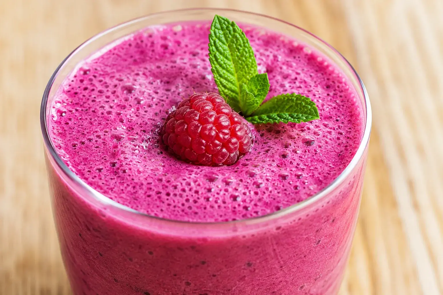 Gros plan sur un smoothie rose vif dans un verre transparent, texture mousseuse en surface, framboise et feuille de menthe en décoration