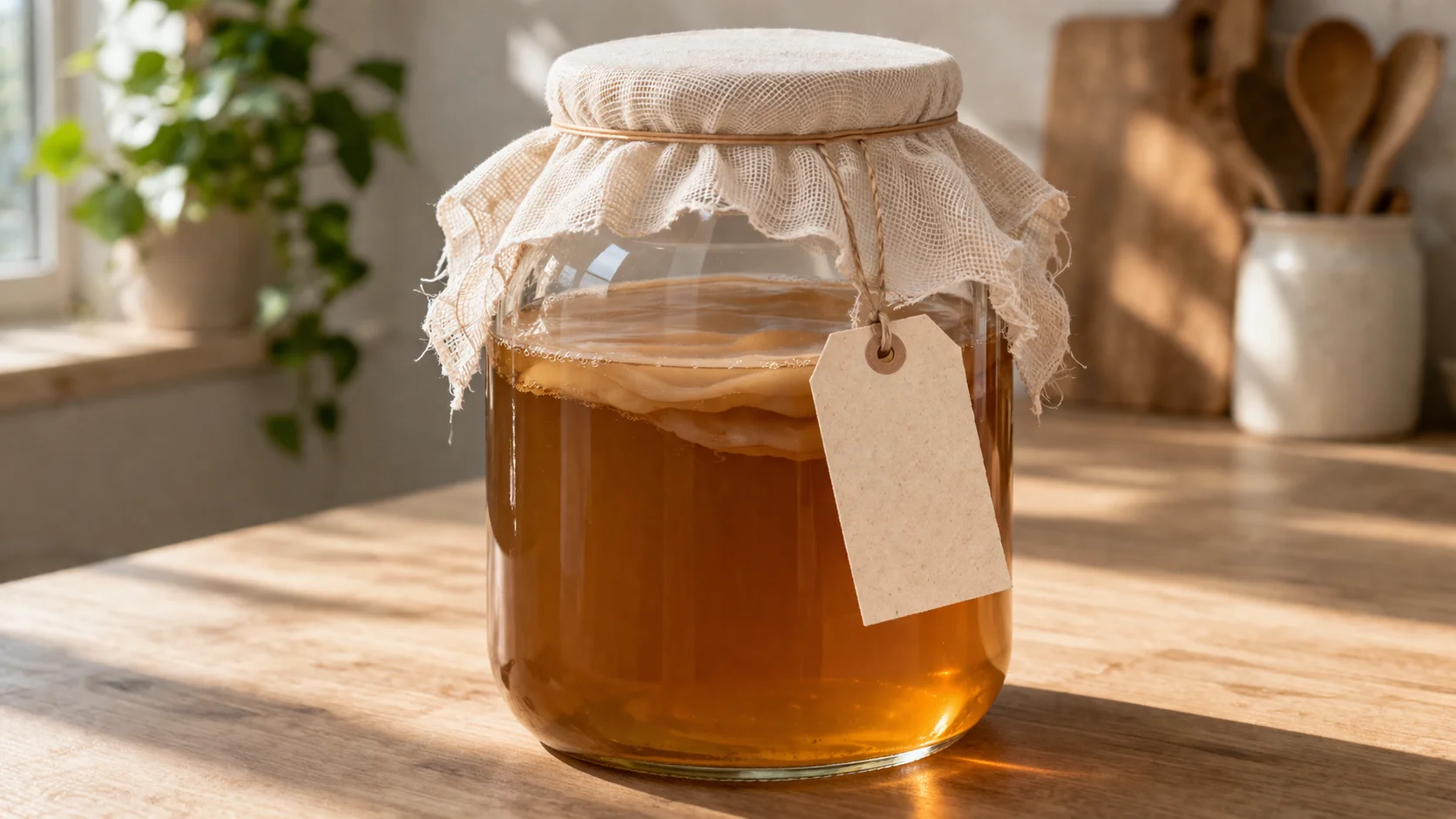 Bocal de kombucha en cours de première fermentation recouvert d'un tissu respirant, posé sur un plan de travail, lumière naturelle