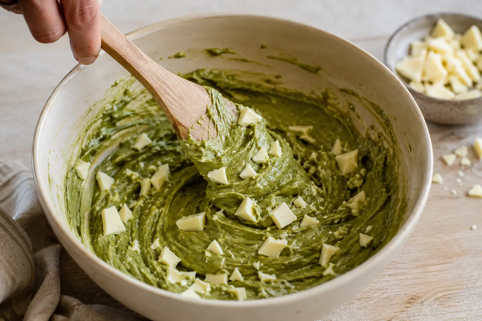 Éclats de chocolat blanc incorporés dans la pâte verte au matcha