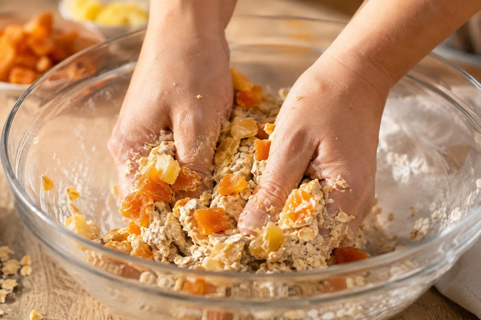 Ajout des morceaux de mangue et ananas séchés dans la pâte à barres protéinées