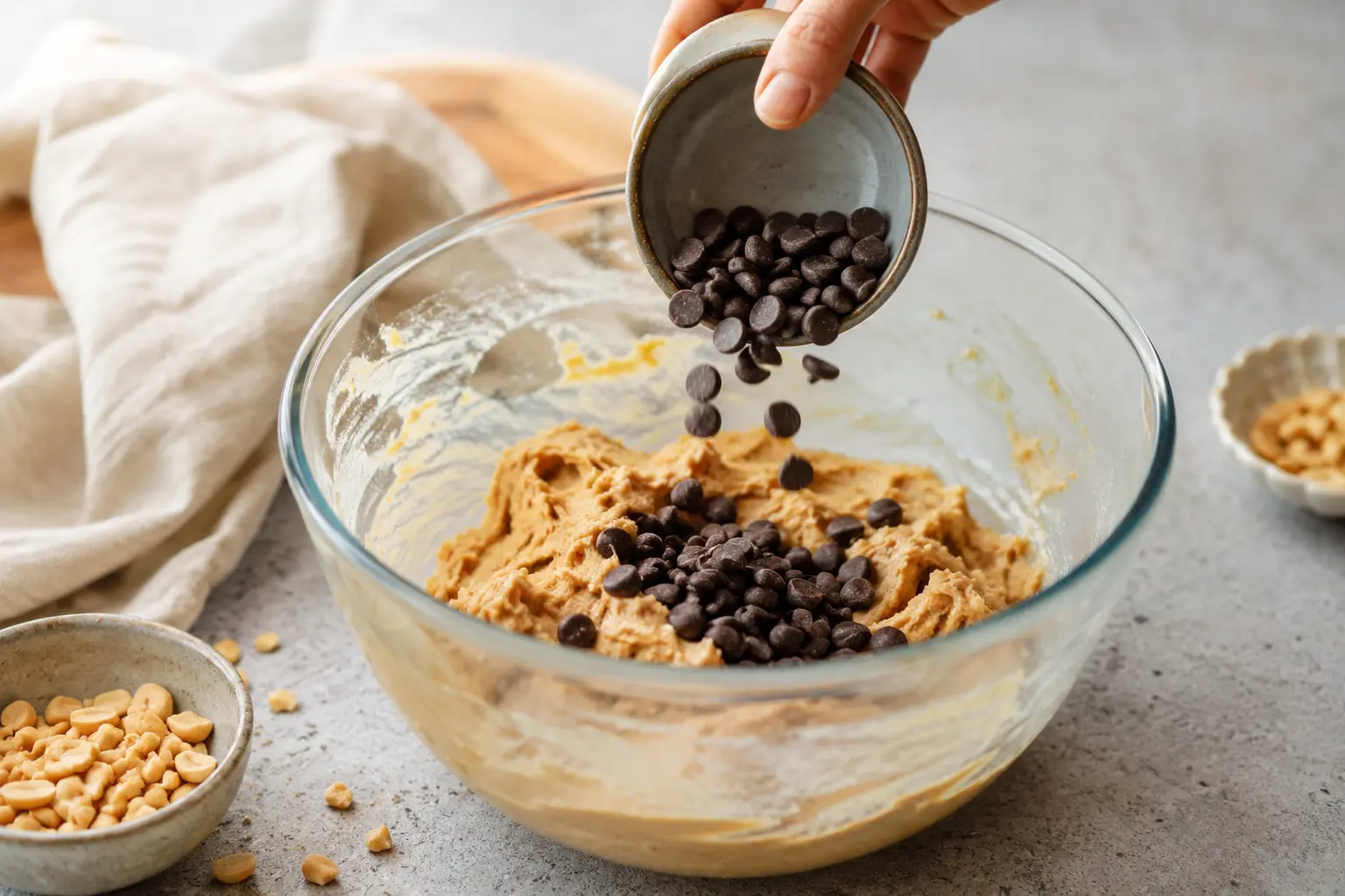 Main ajoutant des pépites de chocolat noir dans la pâte à cookies au beurre de cacahuète