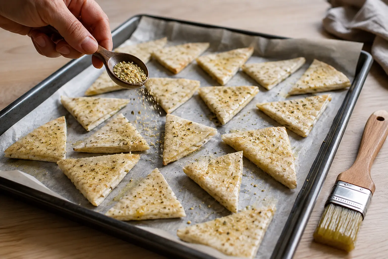 Triangles de wraps protéinés badigeonnés d'huile et saupoudrés d'épices ranch sur une plaque