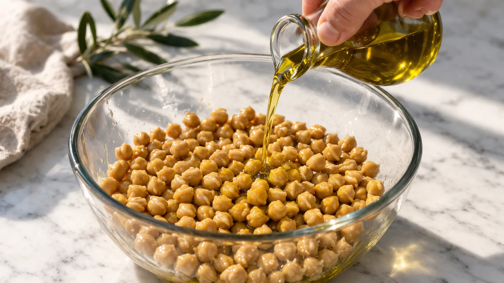 Main mélangeant des pois chiches secs avec un filet d'huile d'olive dans un grand saladier en verre, pois chiches brillants et bien enrobés, plan de travail en marbre