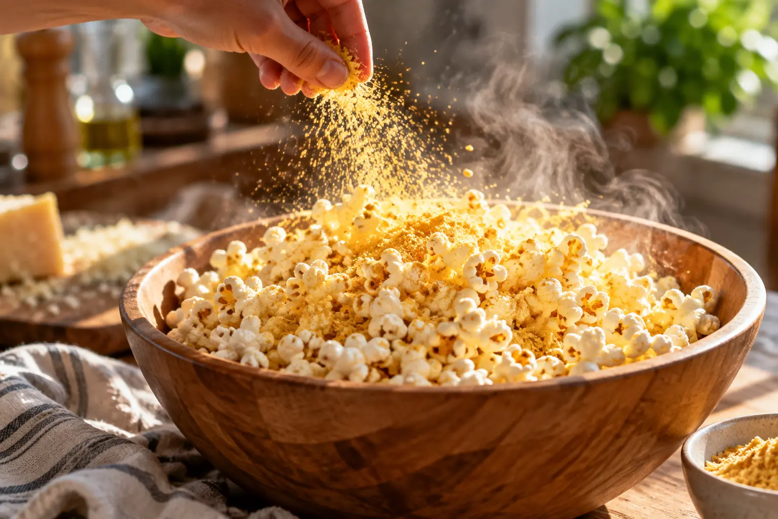 Main saupoudrant le mélange protéiné au parmesan sur le popcorn chaud dans un saladier