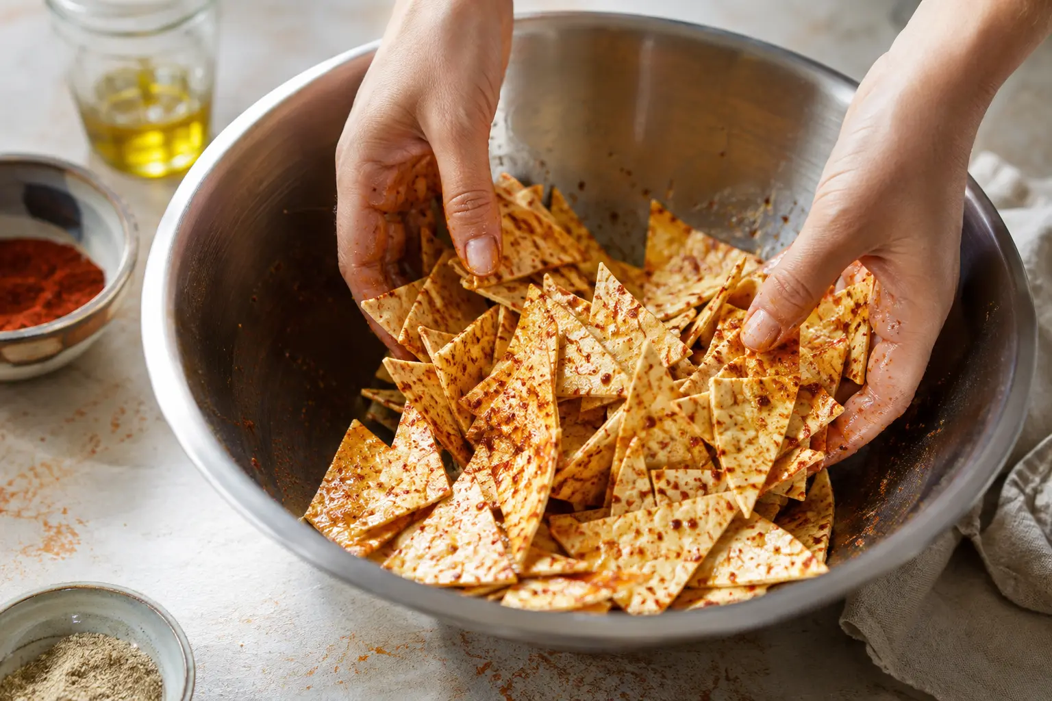 Triangles de tortilla mélangés avec les épices et l'huile d'olive dans un saladier