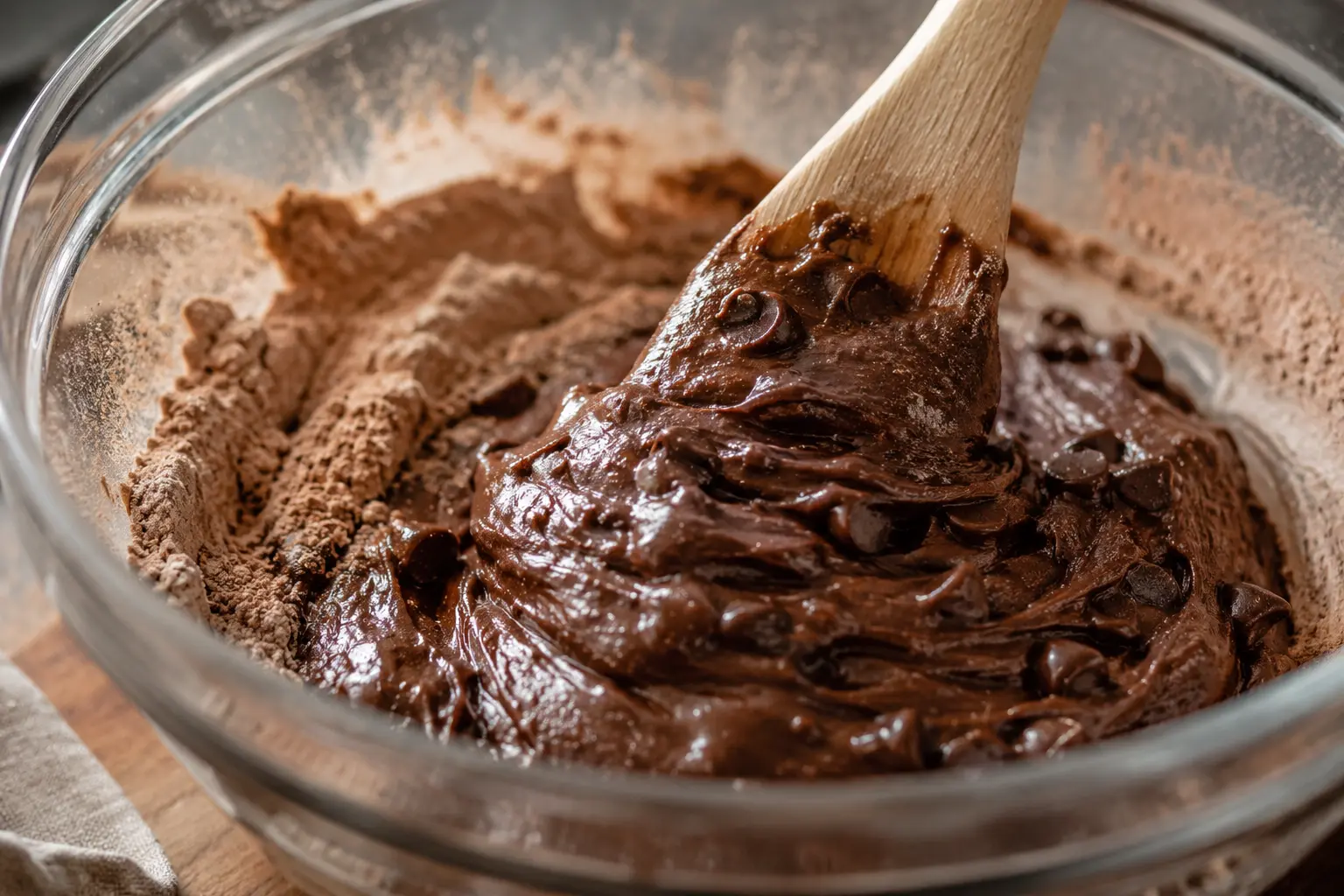 Spatule incorporant les ingrédients humides aux secs pour former la pâte brownie protéiné