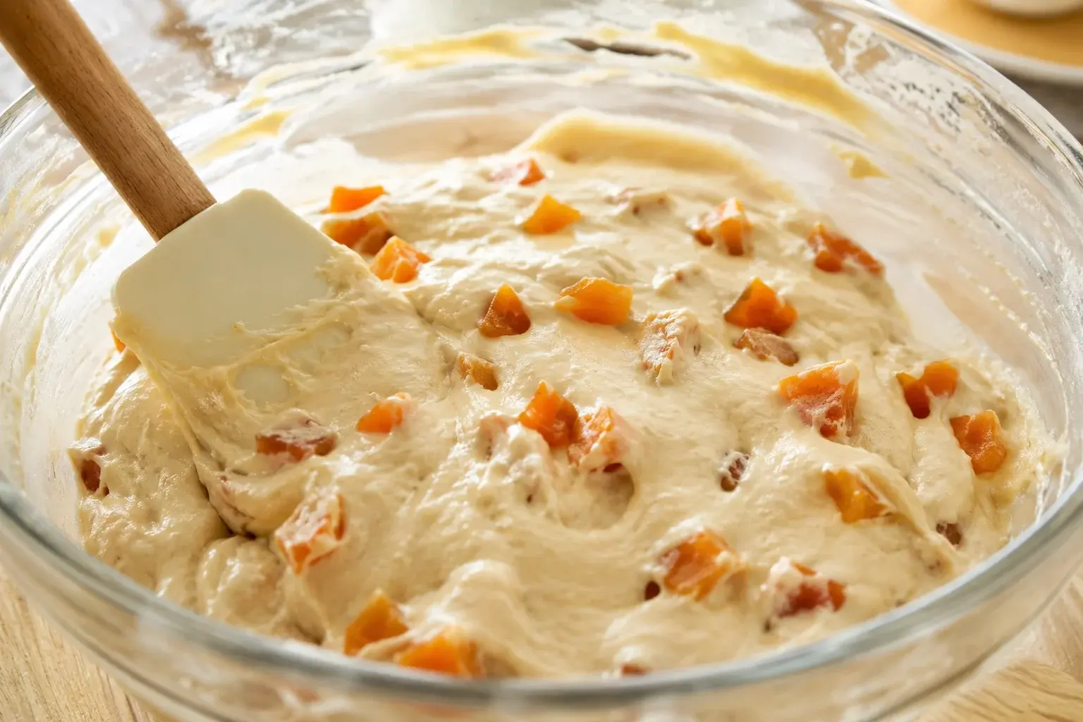 Spatule qui mélange délicatement une pâte beige clair avec dés d'abricots oranges visibles à la surface, dans un grand saladier