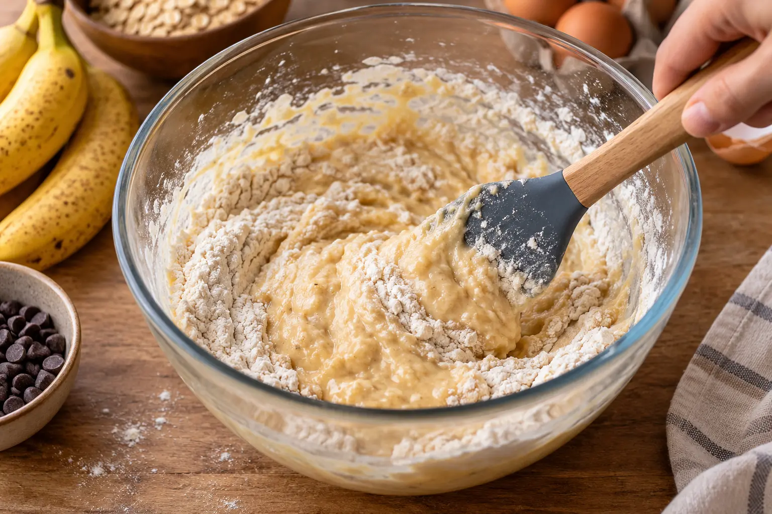 Maryse incorporant les ingrédients humides dans les secs pour former la pâte à muffins