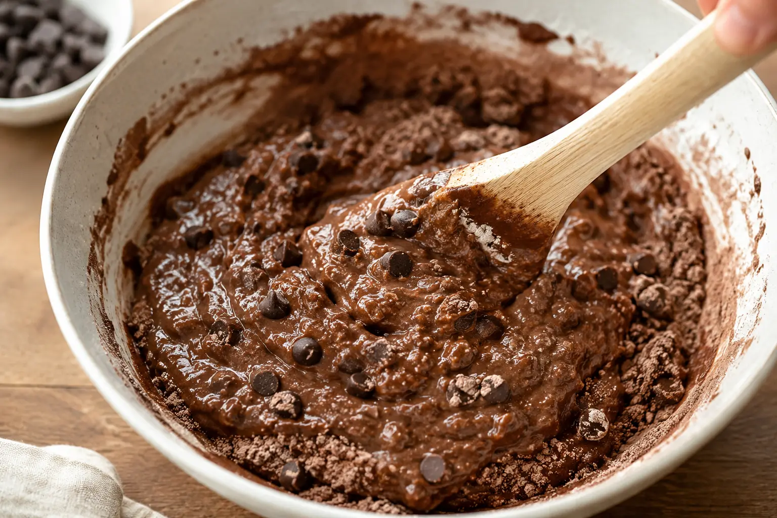 Spatule incorporant les ingrédients humides dans le mélange sec avec des pépites de chocolat