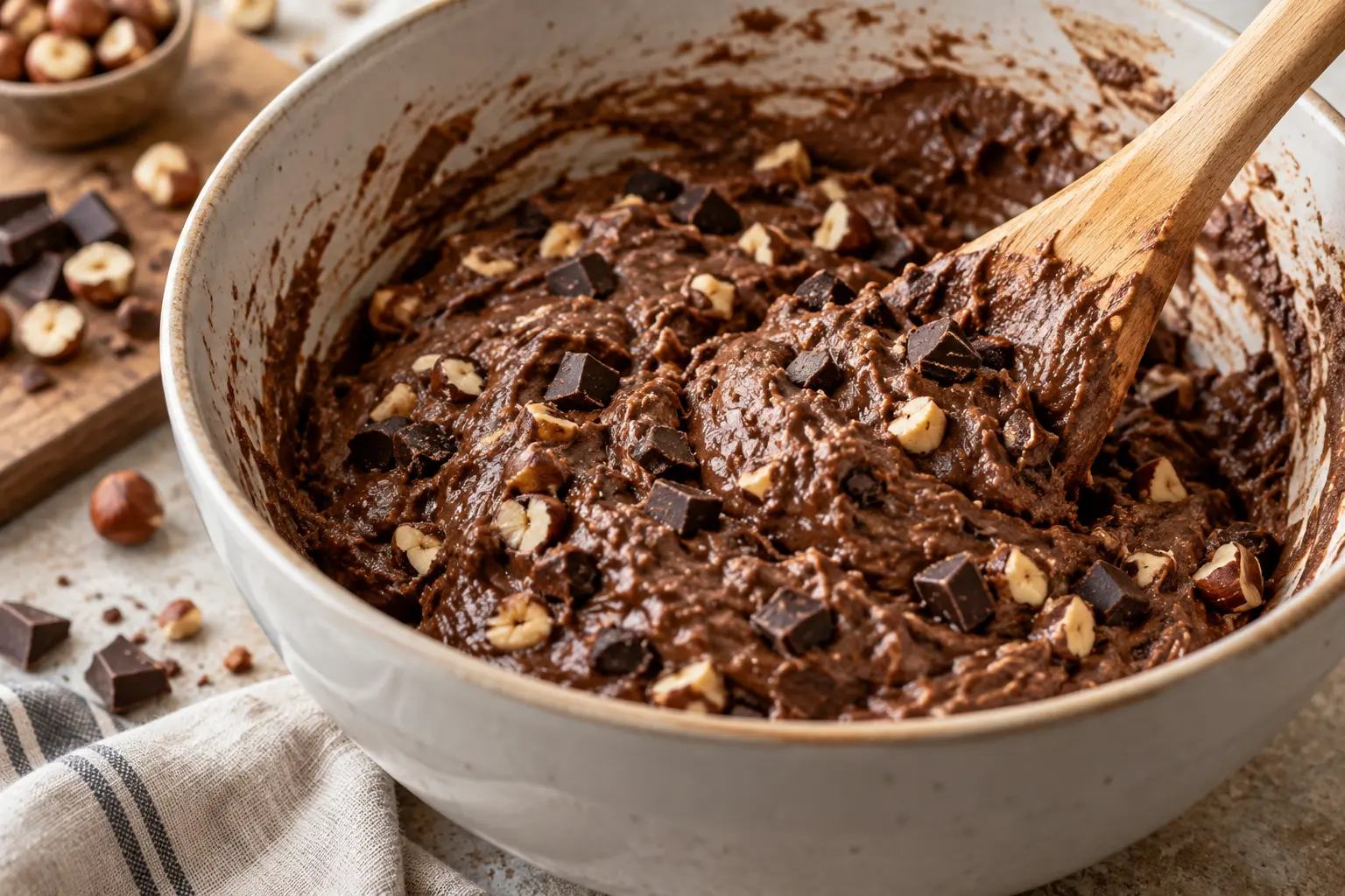 Spatule incorporant les noisettes et pépites de chocolat dans la pâte à muffins
