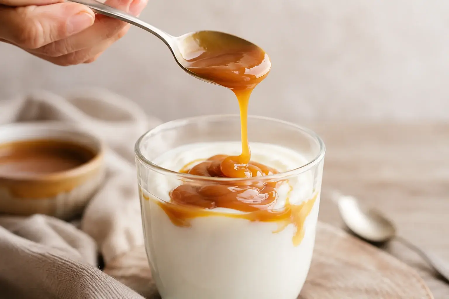 Main versant la sauce caramel en filet sur le yaourt protéiné dans un verre transparent