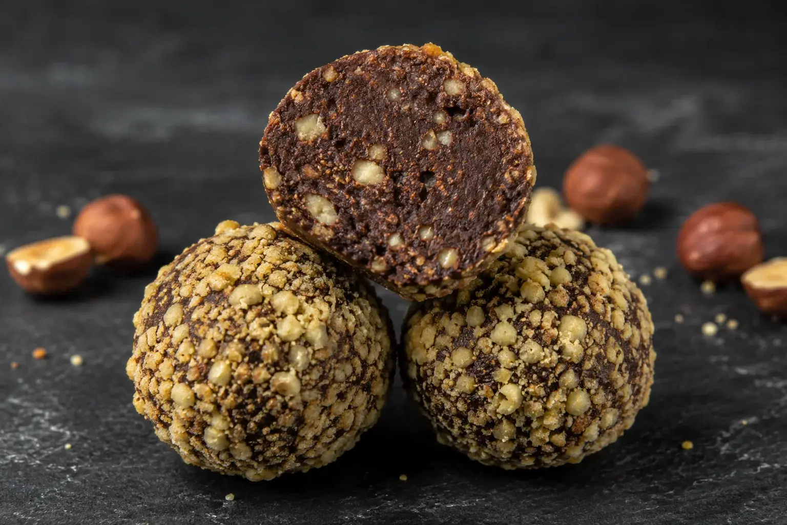 Gros plan sur trois balls protéinées chocolat-noisette empilées, l'une coupée en deux montrant la texture dense et fondante à cœur