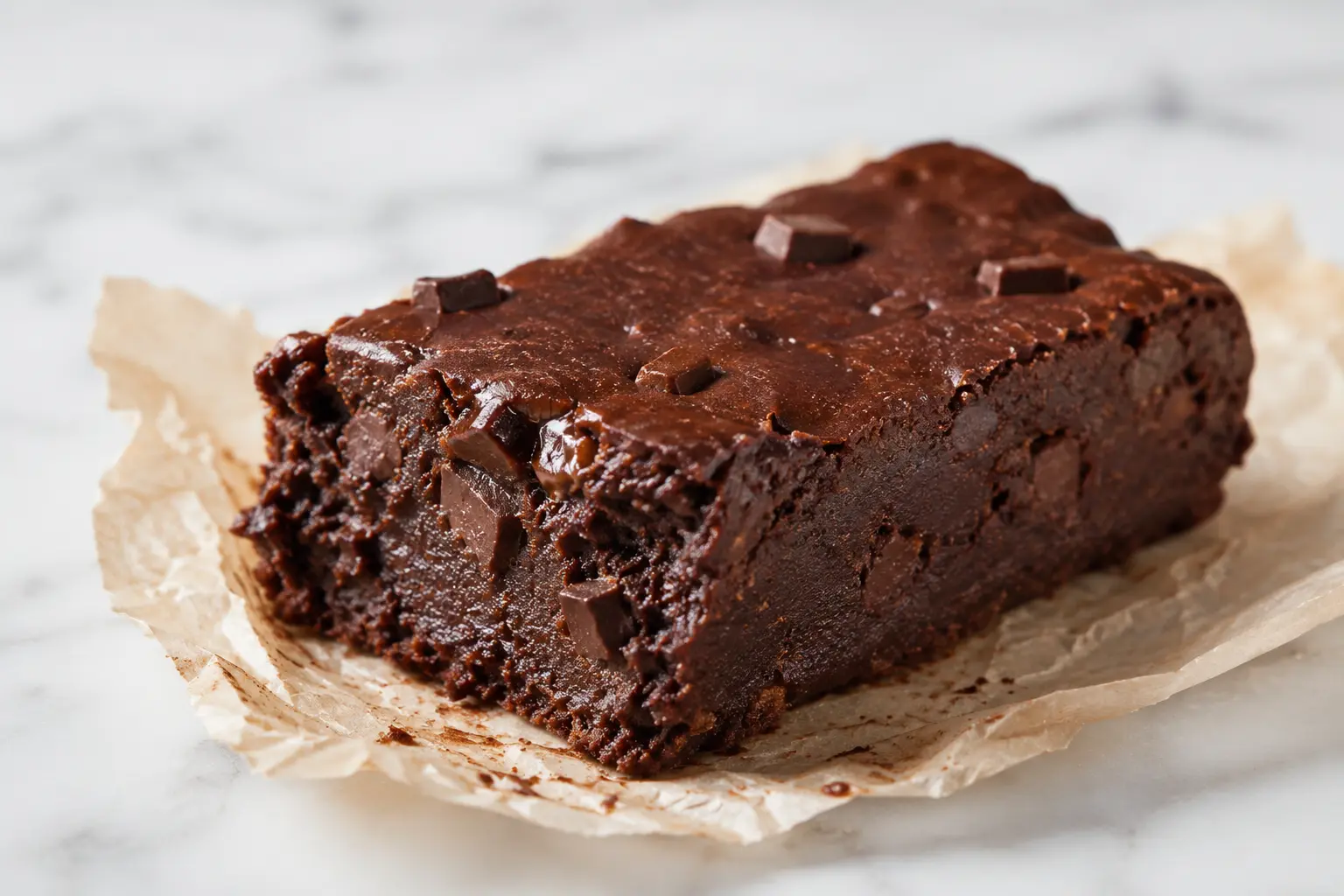 Barre brownie protéiné en gros plan montrant la texture dense et moelleuse