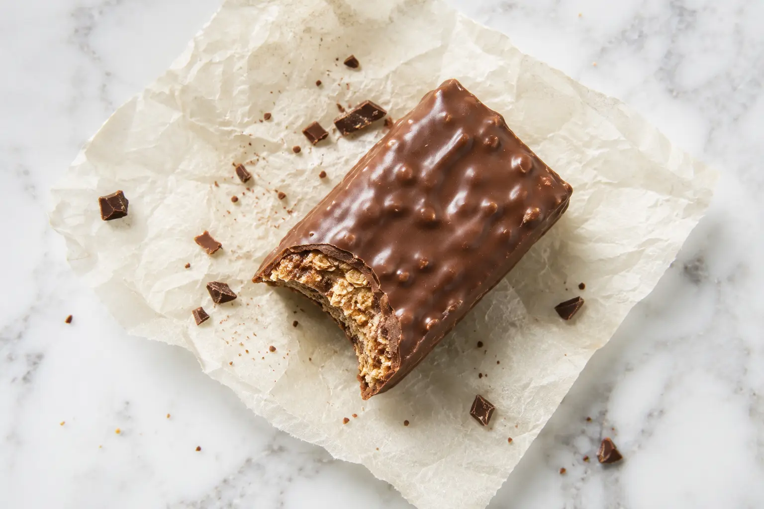 Gros plan sur une barre chocolat au lait protéinée montrant la texture fondante à l'intérieur