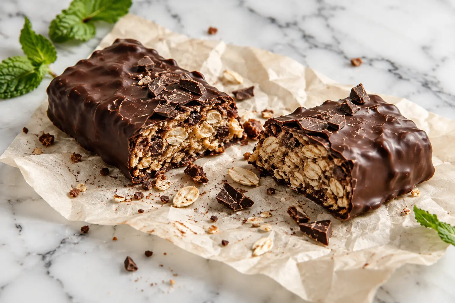 Barre chocolat-menthe protéinée coupée en deux montrant la texture intérieure fondante