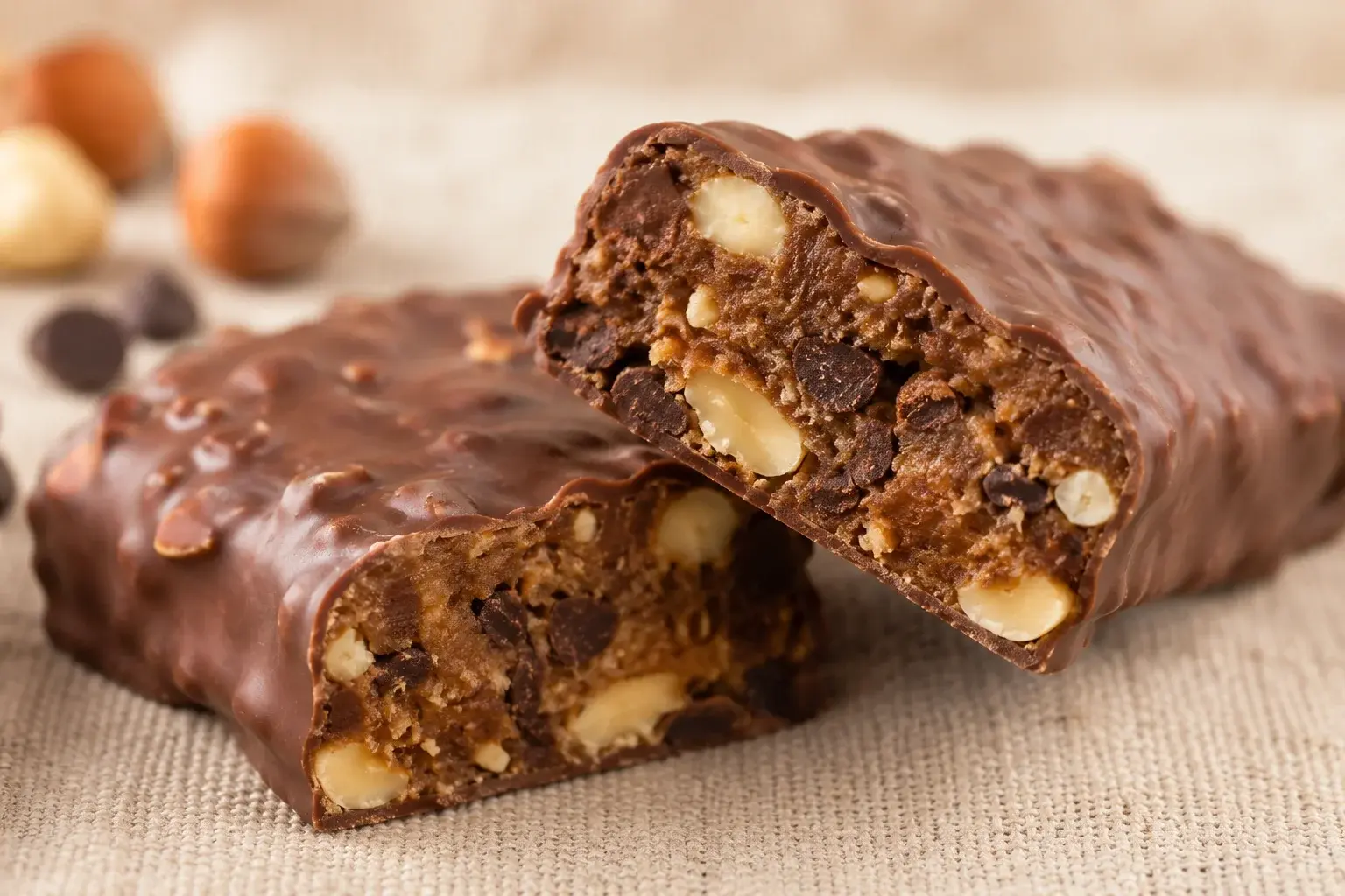 Gros plan sur une barre chocolat-noisette protéinée montrant la texture fondante