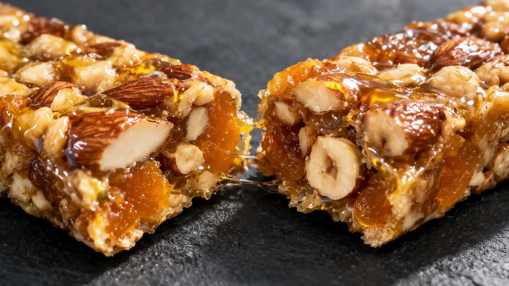 Gros plan sur une barre protéinée fruits secs et miel cassée en deux révélant les noix et fruits séchés liés par le caramel de miel, fond ardoise sombre