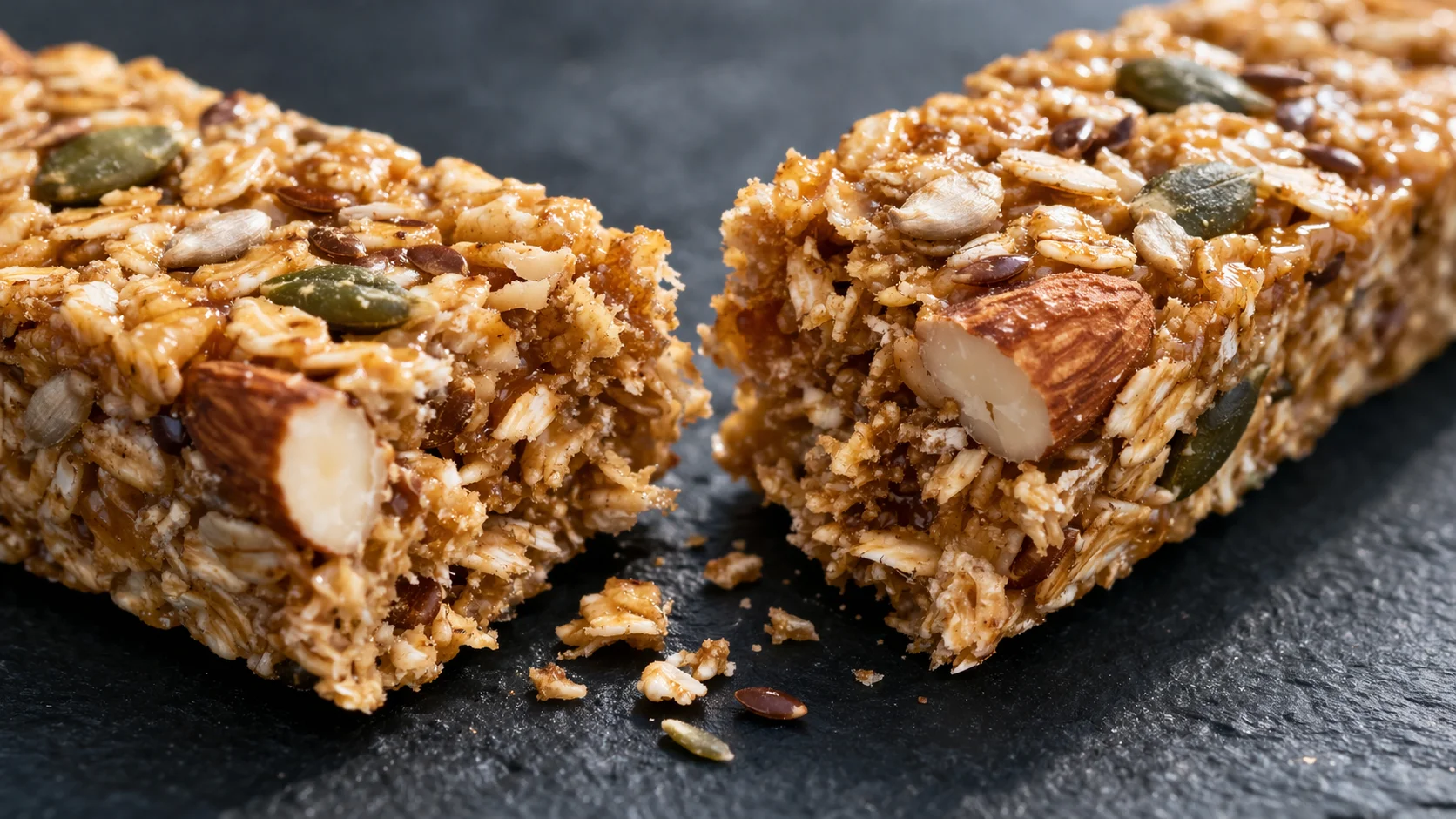 Gros plan sur une barre granola protéinée cassée en deux révélant la texture croustillante aux flocons d'avoine, noix et graines liés par le caramel de miel, fond ardoise sombre