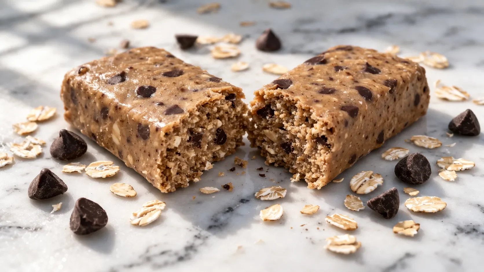 Tranche de barre protéinée beurre d'amande vue de profil, intérieur dense et moelleux bien visible