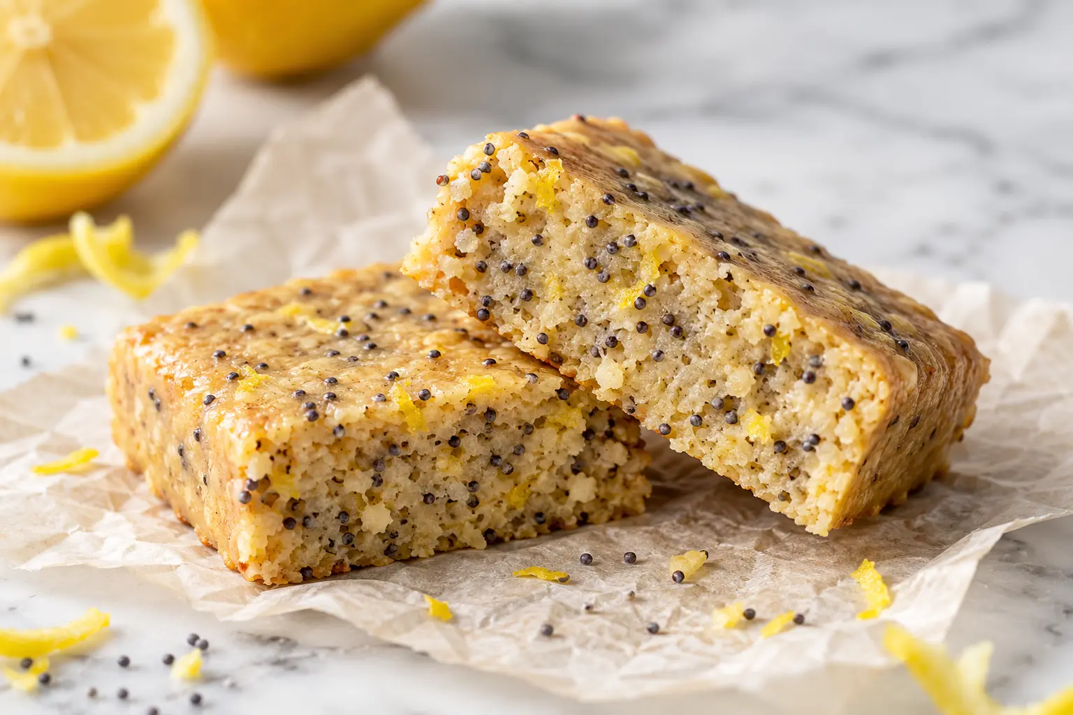 Barre protéinée citron-pavot coupée en deux montrant la texture moelleuse parsemée de graines de pavot