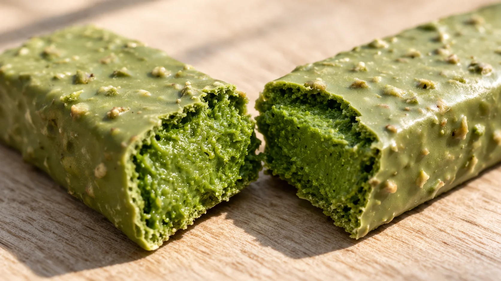 Gros plan sur une barre protéinée matcha cassée en deux révélant une texture dense et crémeuse de couleur vert intense, fond bois clair