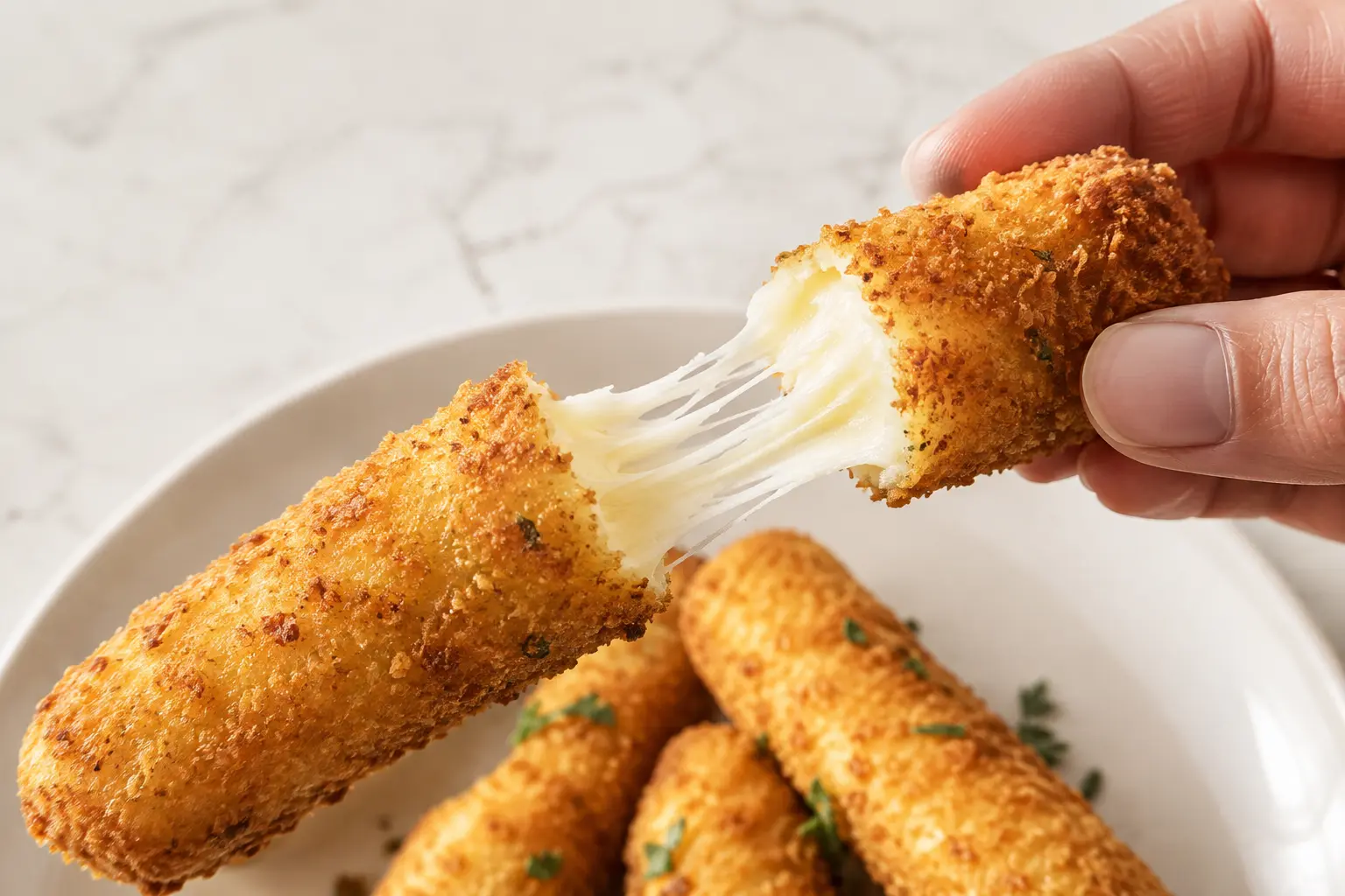 Gros plan sur un bâtonnet de mozzarella au four coupé en deux montrant le fromage filant