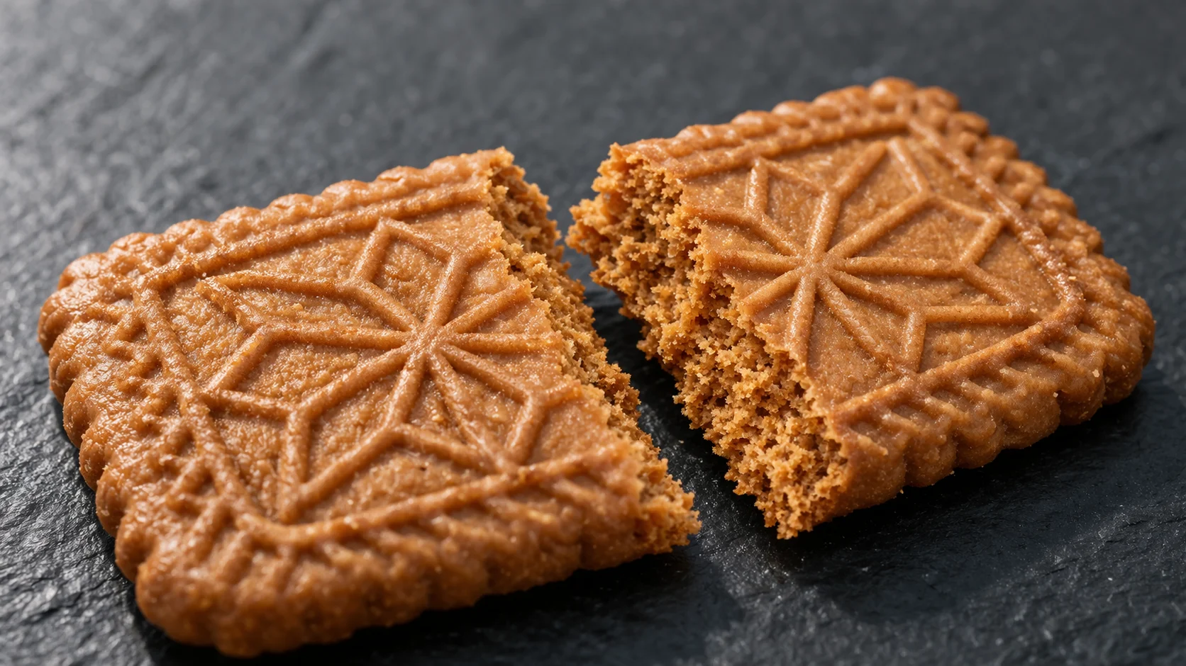 Gros plan sur un biscuit spéculoos protéiné cassé en deux révélant une texture croustillante et uniforme couleur caramel, fond ardoise sombre