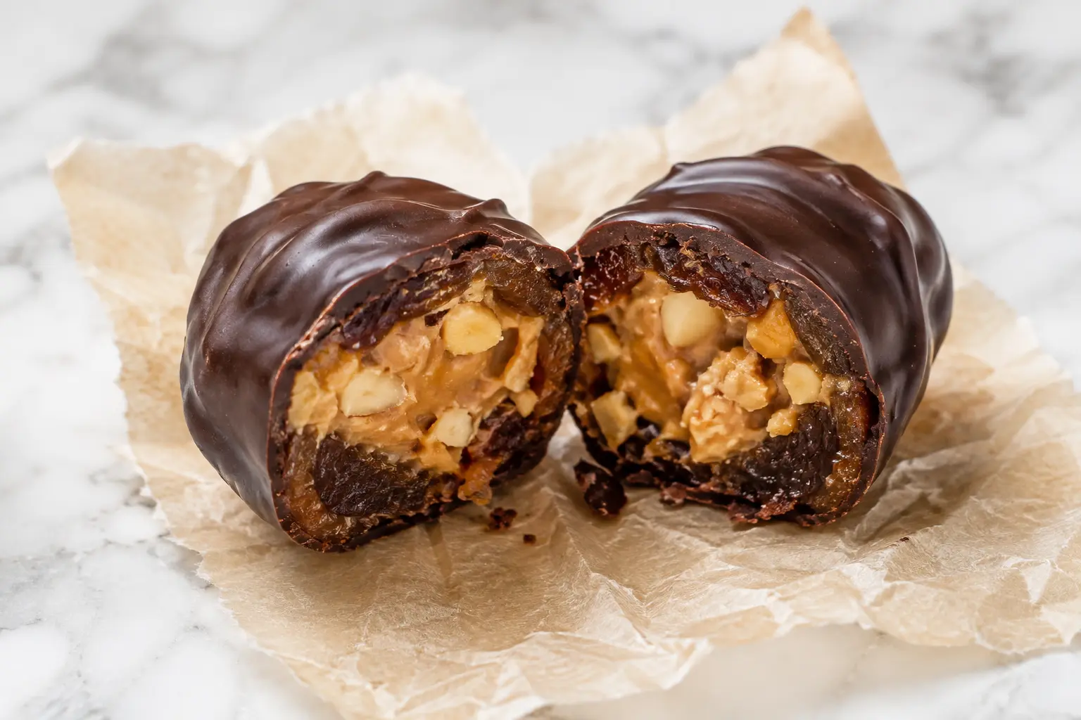 Bouchée dattes-cacahuète façon Snickers coupée en deux montrant le cœur fondant de cacahuètes