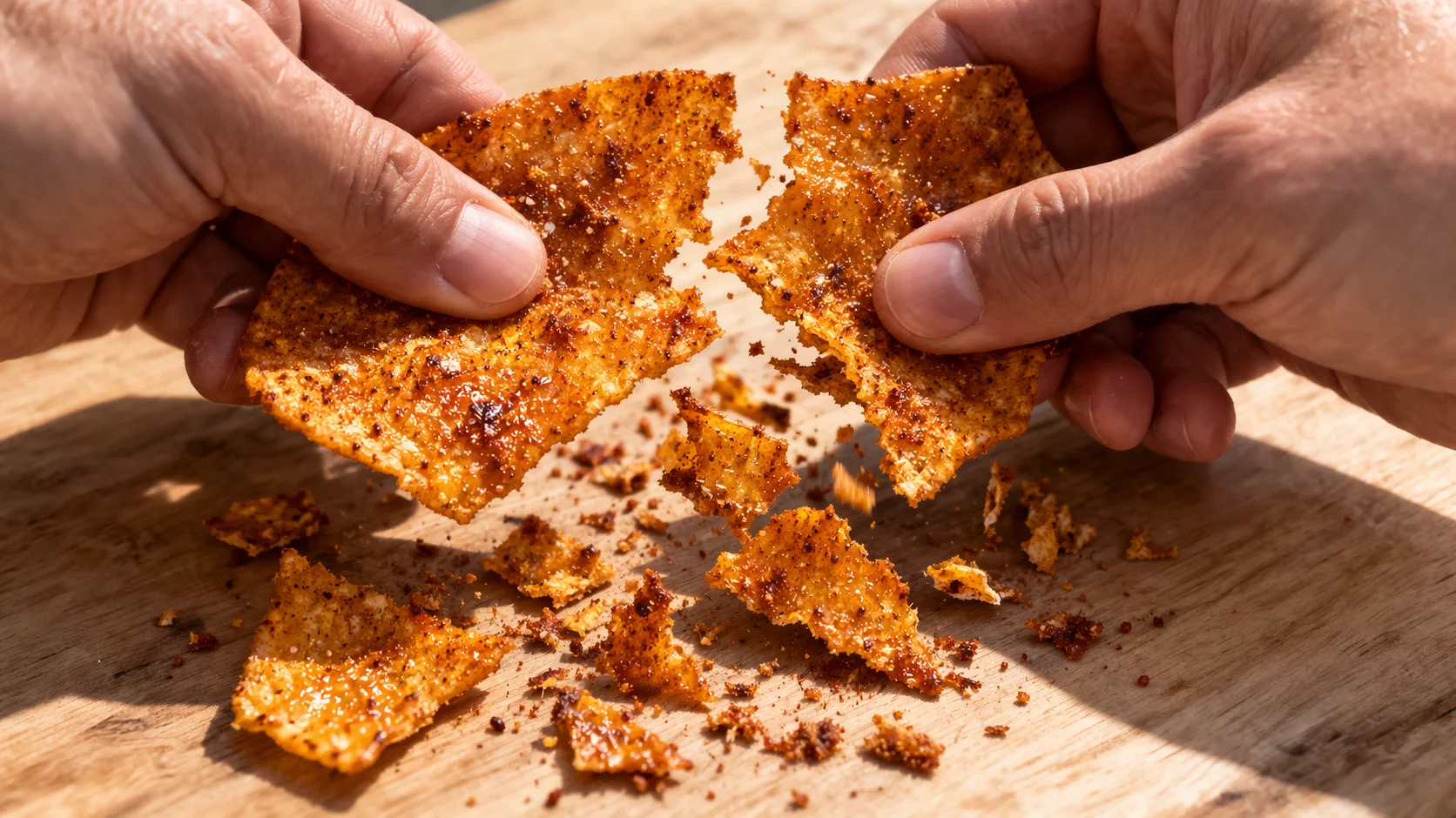 Deux mains cassant une feuille de chips protéinées BBQ dorée et croustillante en morceaux irréguliers, épices BBQ rouge-orangé brillantes sur la surface, plan de travail en bois clair