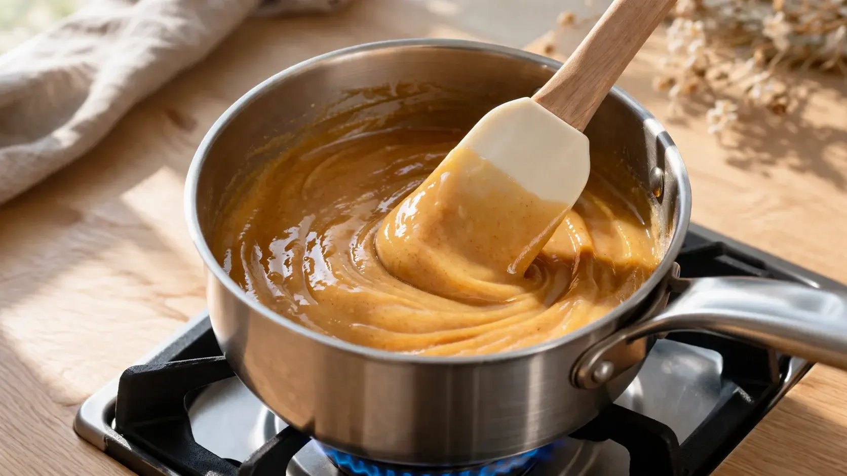 Petite casserole avec le mélange miel et beurre d'amande chaud et brillant sur feu moyen, spatule mélangeant la préparation dorée et caramélisée