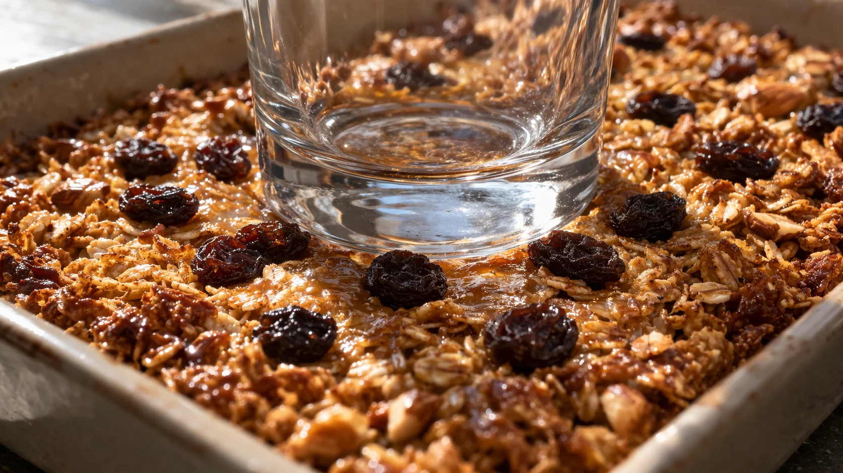Fond de verre comprimant fermement la masse granola chaude et caramélisée dans son plat juste après sortie du four, vapeur légère visible, raisins secs en décoration