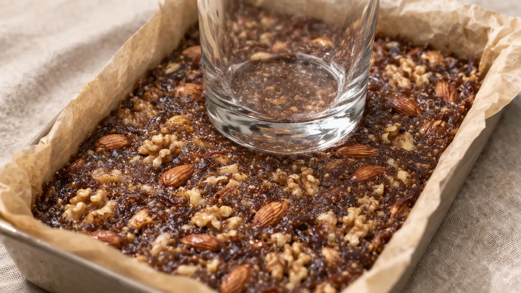 Fond de verre comprimant fermement la masse de pâte de dattes et noix dans un plat rectangulaire tapissé de papier cuisson, noix et amandes bien visibles dans la masse brune dense