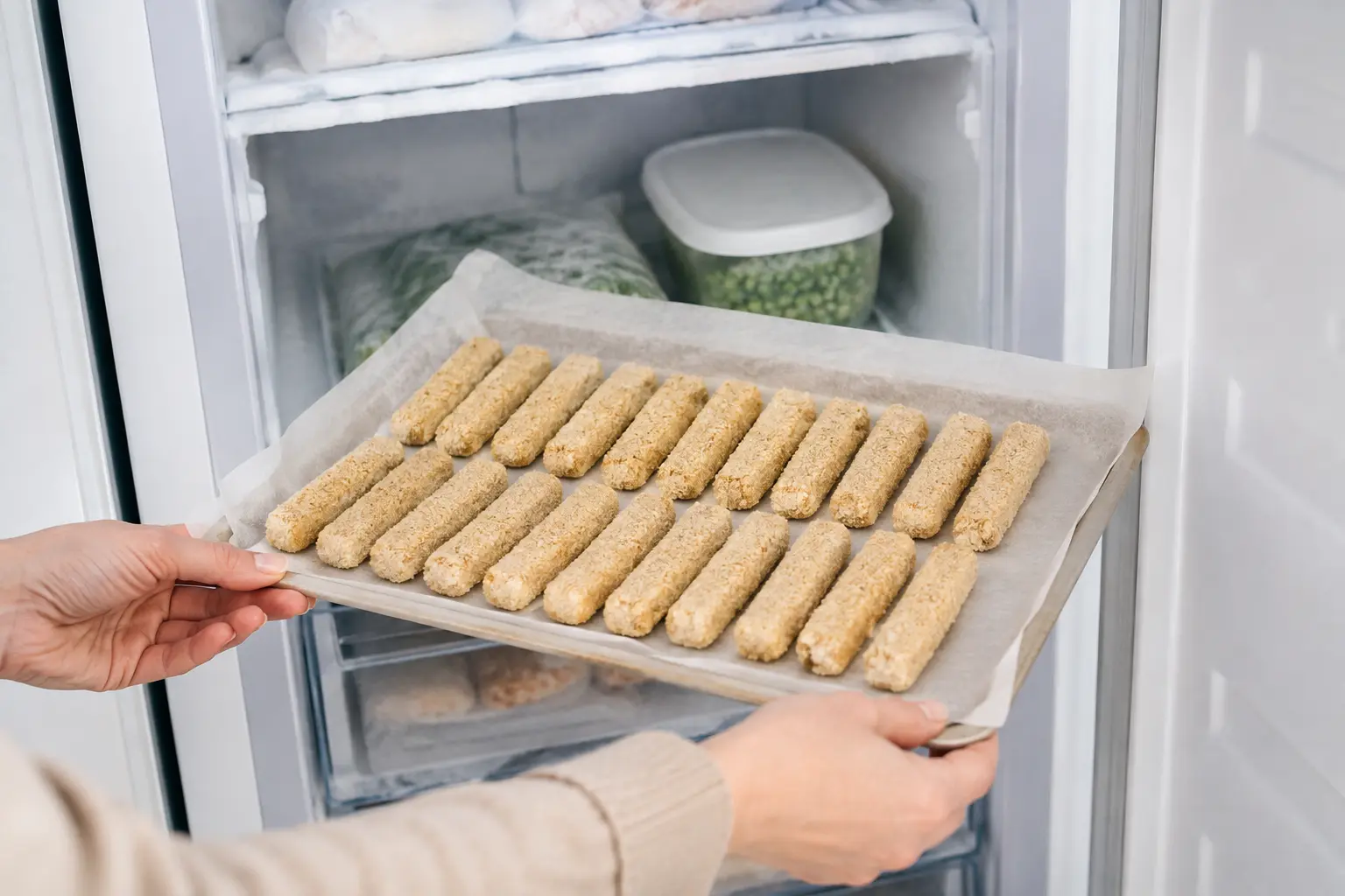 Bâtonnets de mozzarella panés alignés sur une plaque recouverte de papier sulfurisé avant congélation