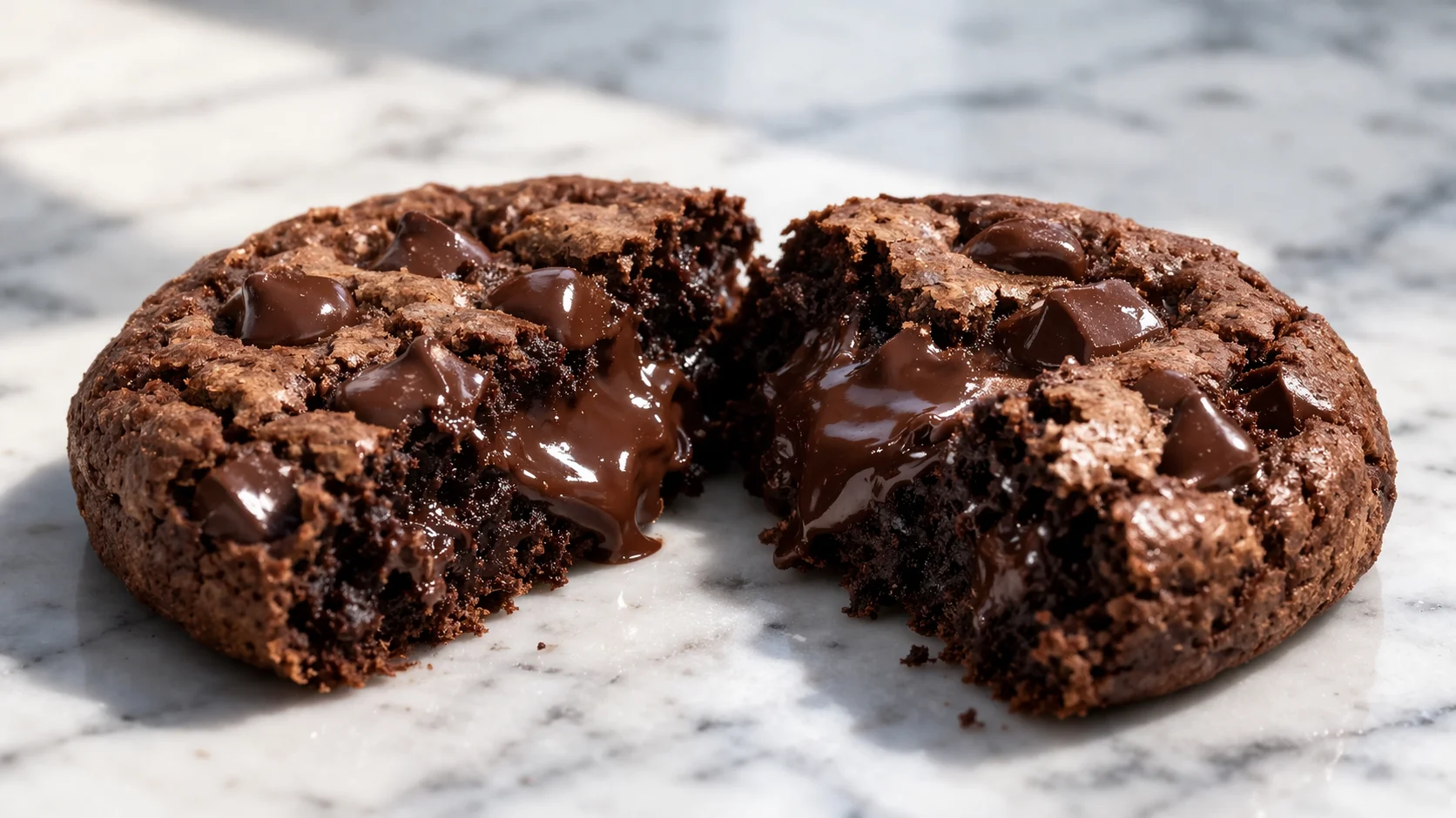 Cookie brownie protéiné coupé en deux révélant le cœur fondant chocolaté, sur fond de marbre blanc