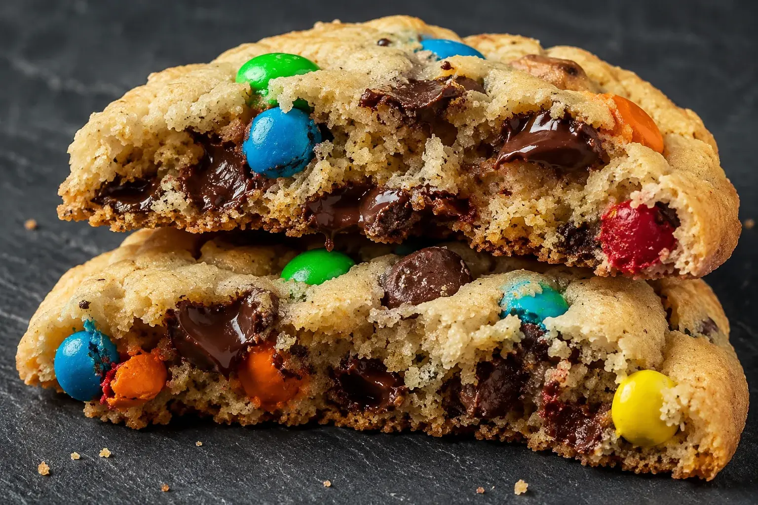 Gros plan sur un cookie cassé en deux montrant sa mie moelleuse parsemée de billes chocolatées colorées et de pépites de chocolat fondues