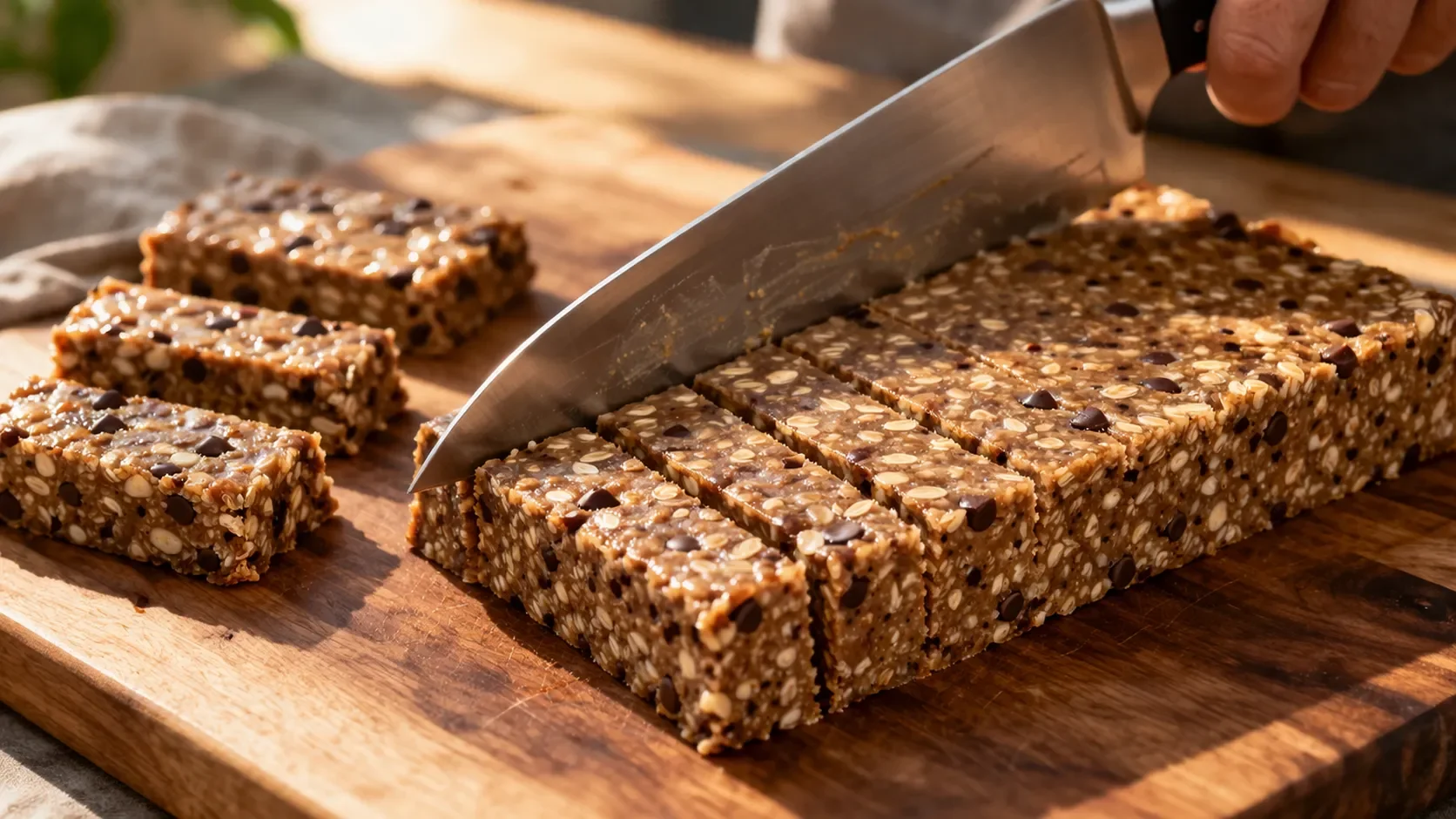 Couteau tranchant découpant le bloc de barres protéinées beurre d'amande en barres égales sur une planche en bois
