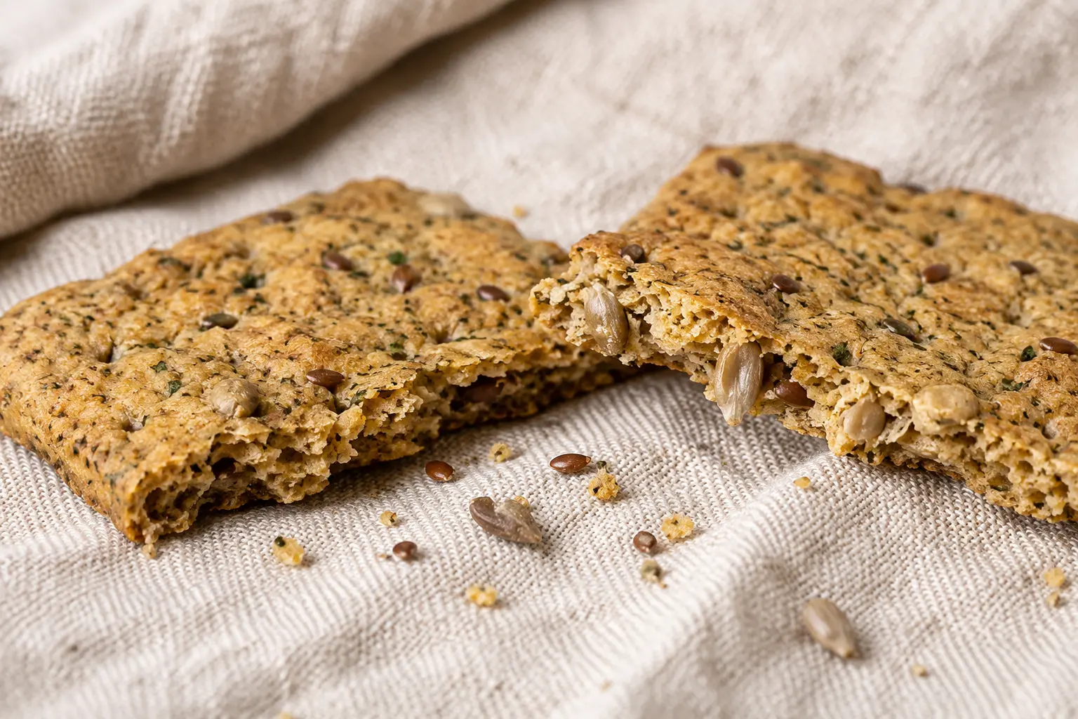Gros plan sur la texture croustillante des crackers ail-persil protéinés