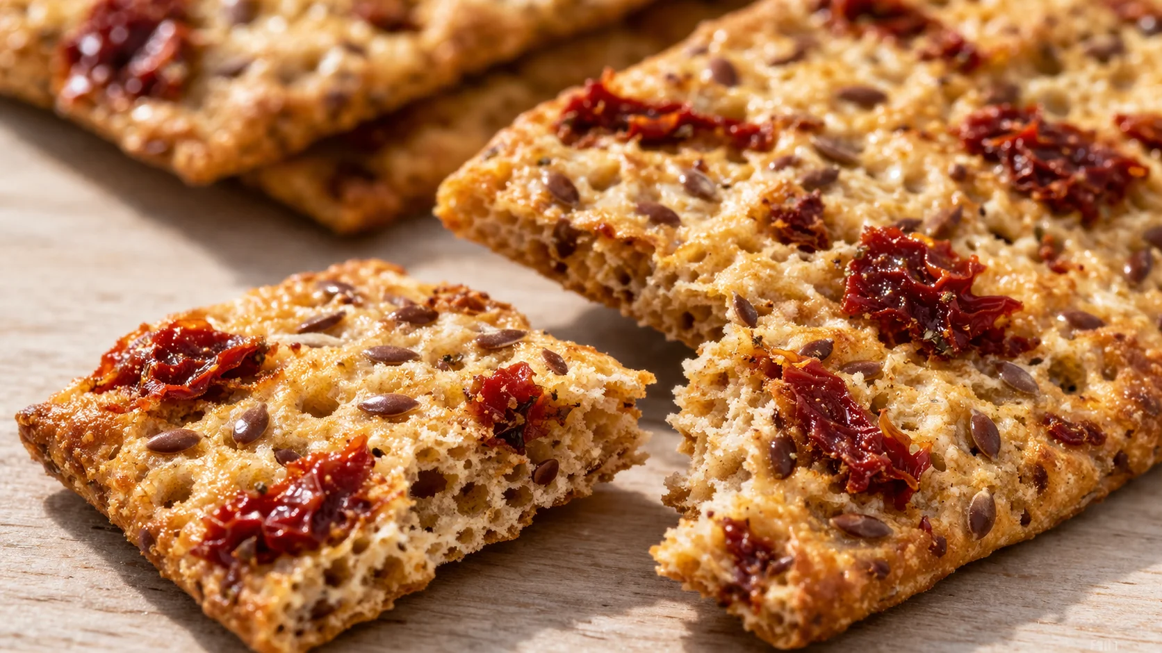 Gros plan sur des crackers protéinés tomates séchées, texture alvéolée et dorée avec éclats de tomates séchées rouges et graines de lin visibles, fond bois clair