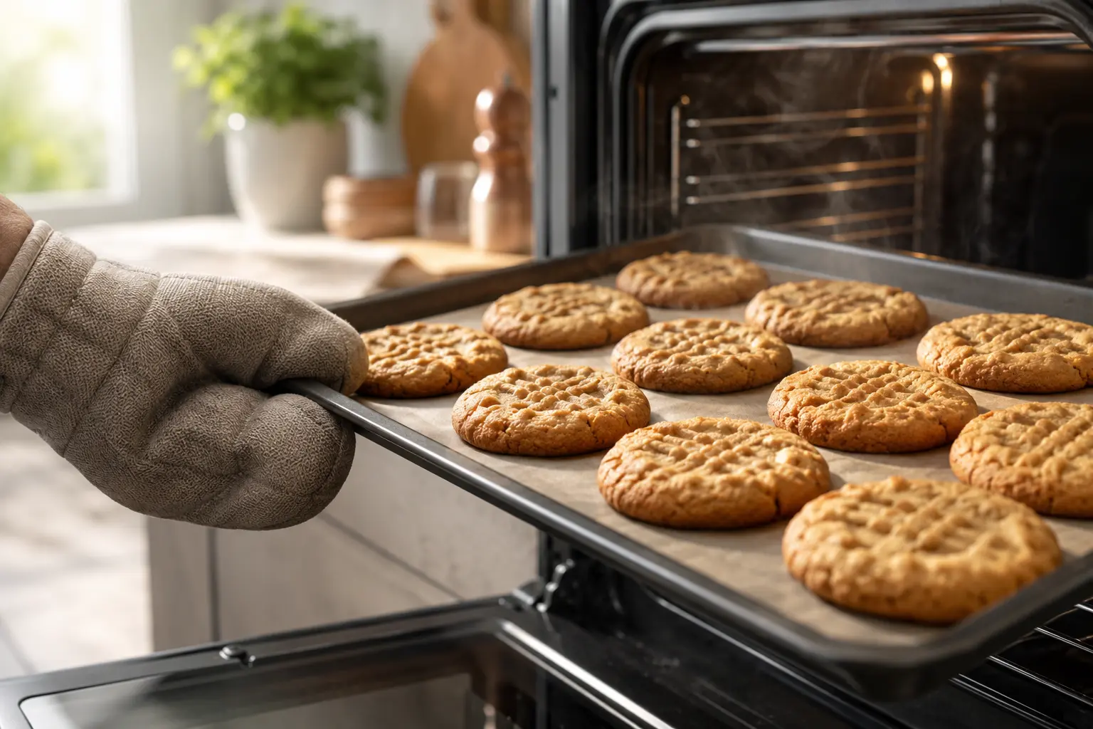 Cookies au beurre de cacahuète dorés sortant du four sur une plaque de cuisson