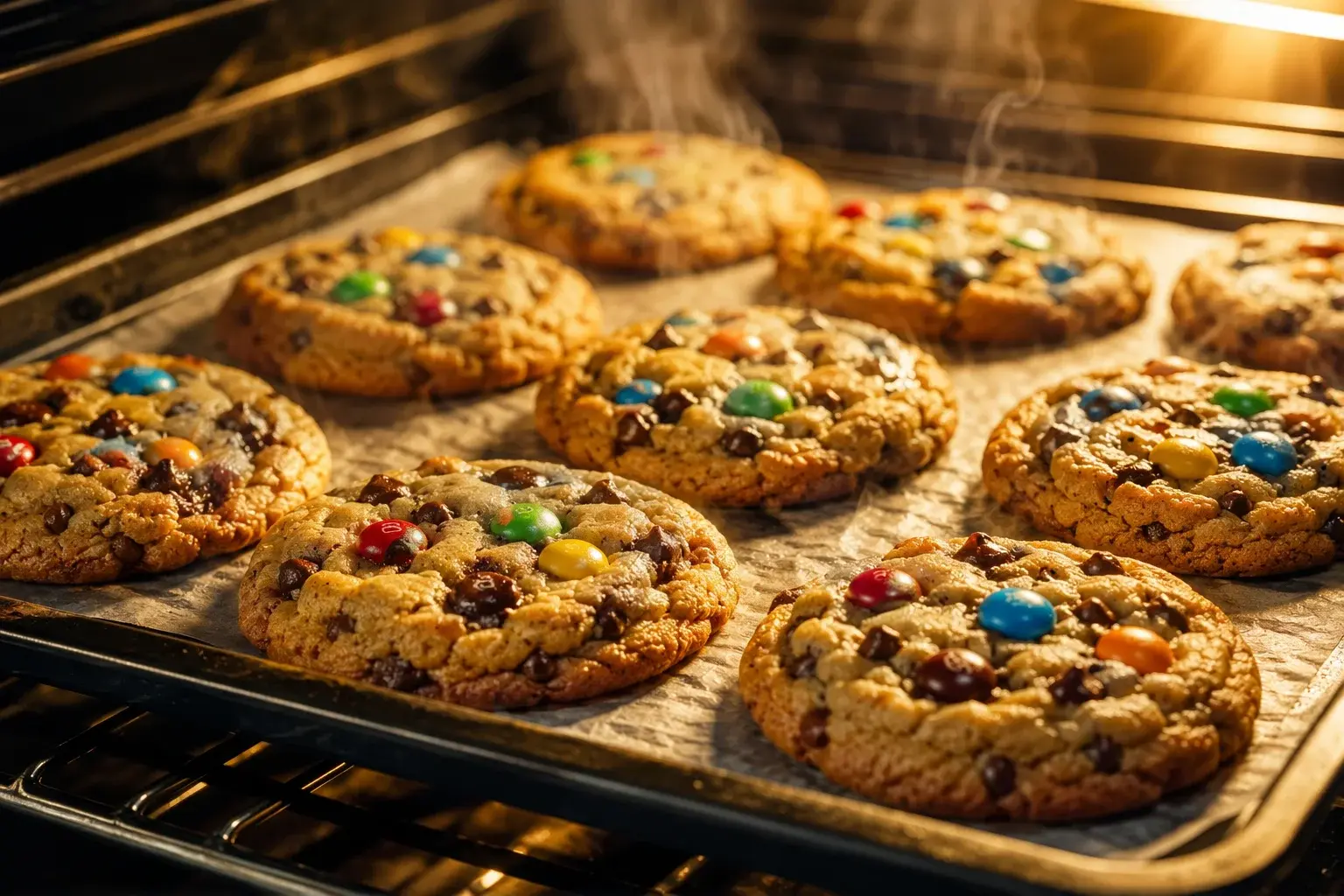 Cookies dorés sur une plaque de cuisson chaude au sortir du four, M&M's colorés en surface, mie moelleuse visible sur les bords