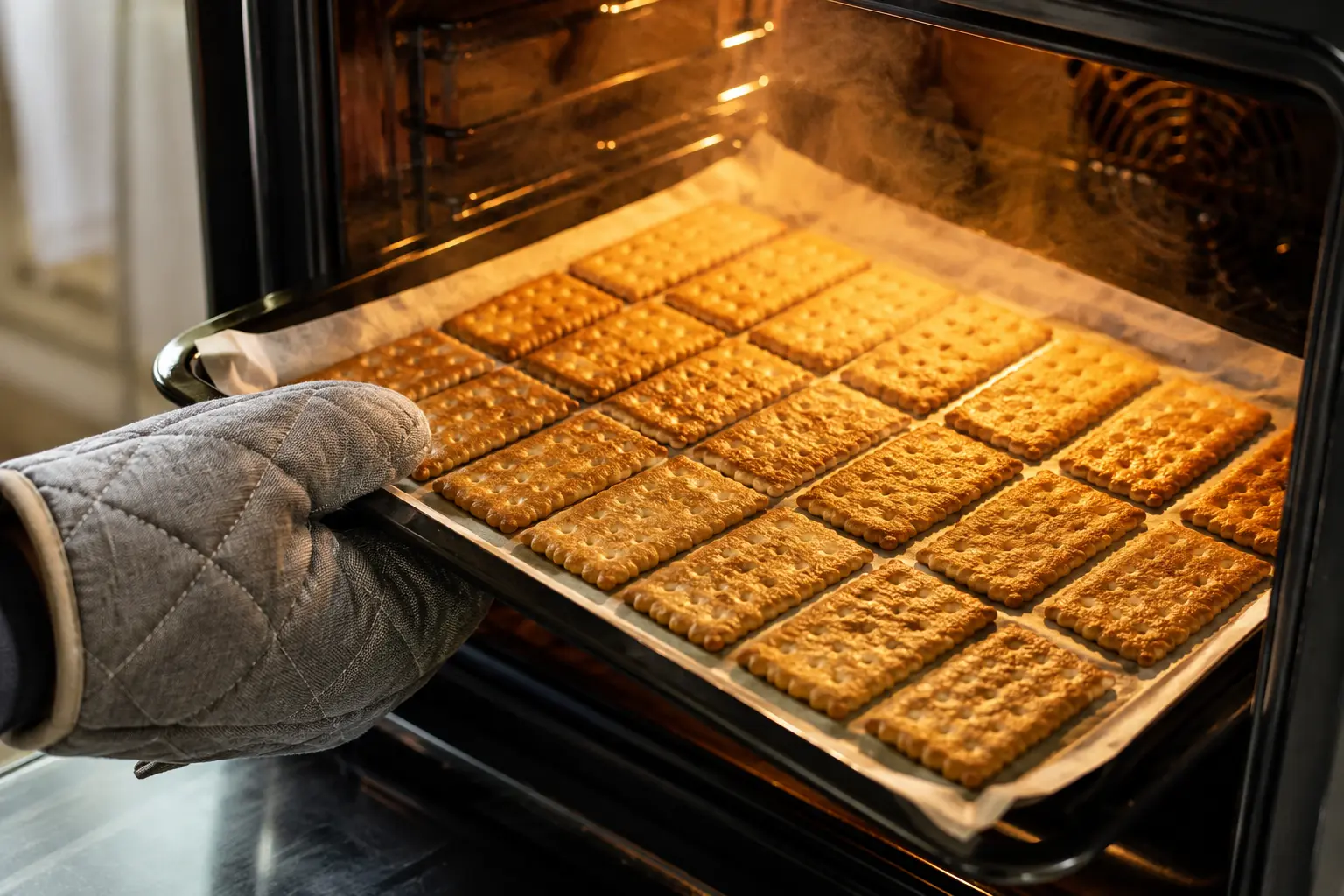 Crackers ail-persil dorés sortant du four sur une plaque de cuisson