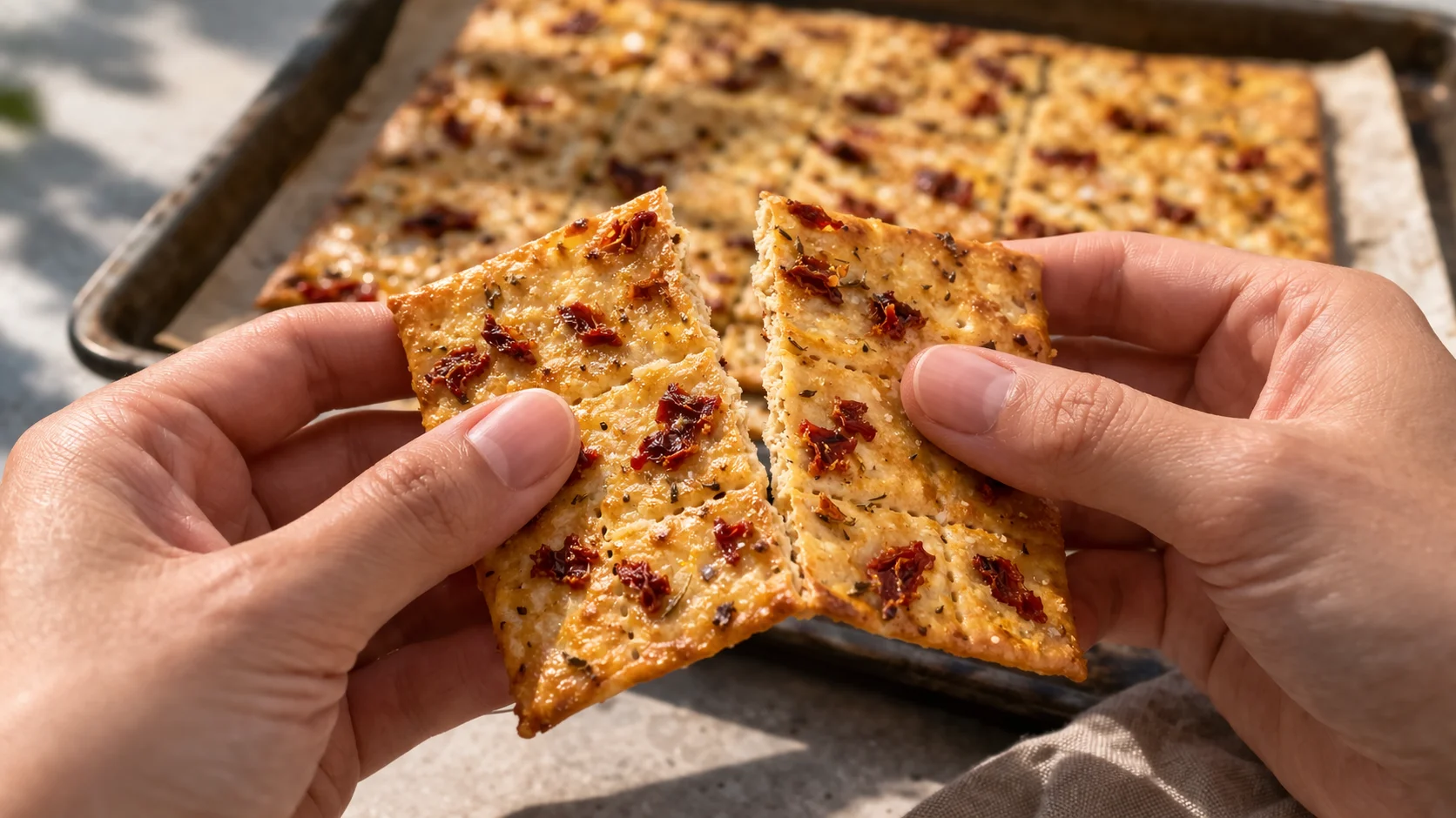 Feuille de crackers aux tomates séchées dorés et croustillants sortant du four sur plaque de cuisson, surface uniforme avec éclats de tomates rouges et graines de lin visibles