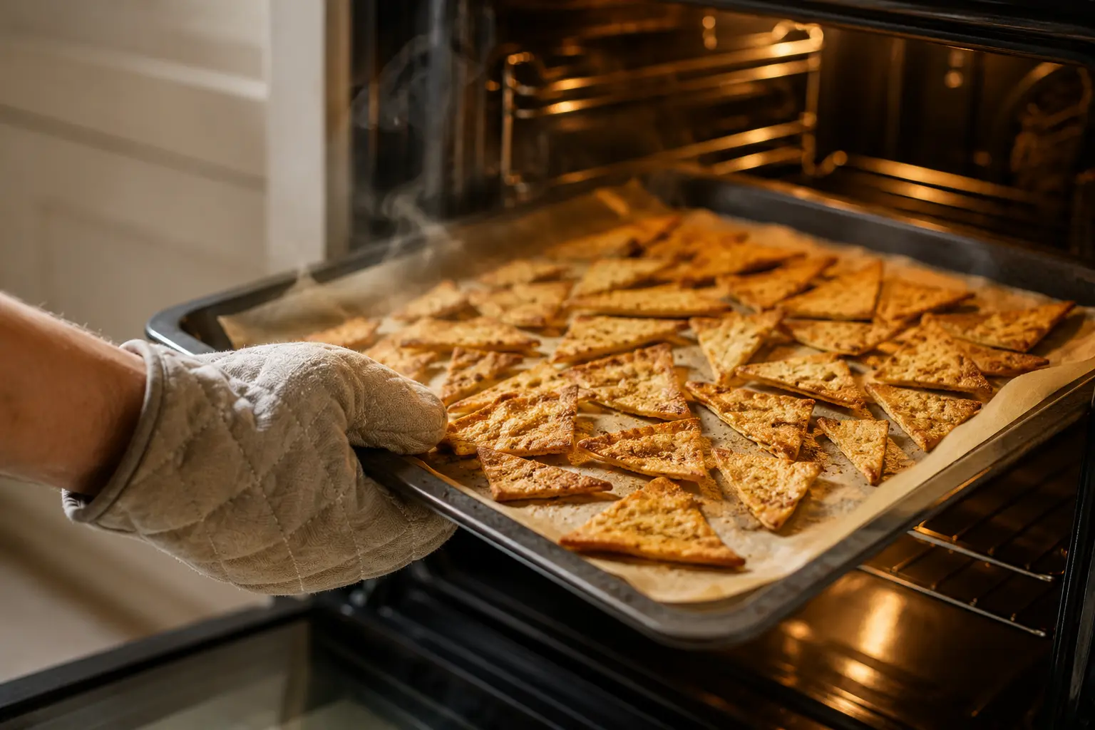 Chips protéinées ranch dorées sortant du four sur une plaque de cuisson