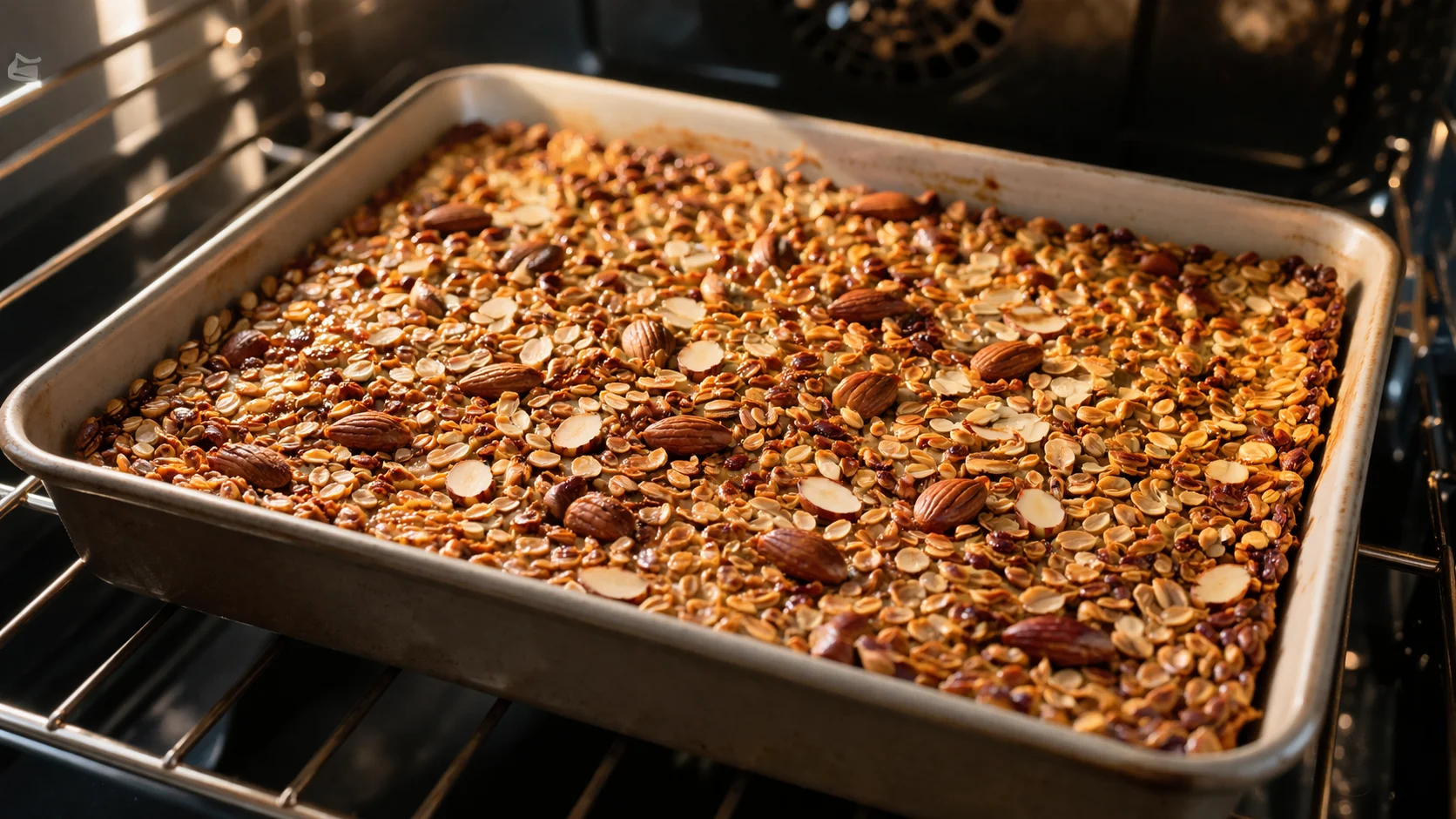 Plat rectangulaire de granola tassé en train de dorer au four, surface caramélisée et dorée avec flocons et amandes visibles, lumière naturelle